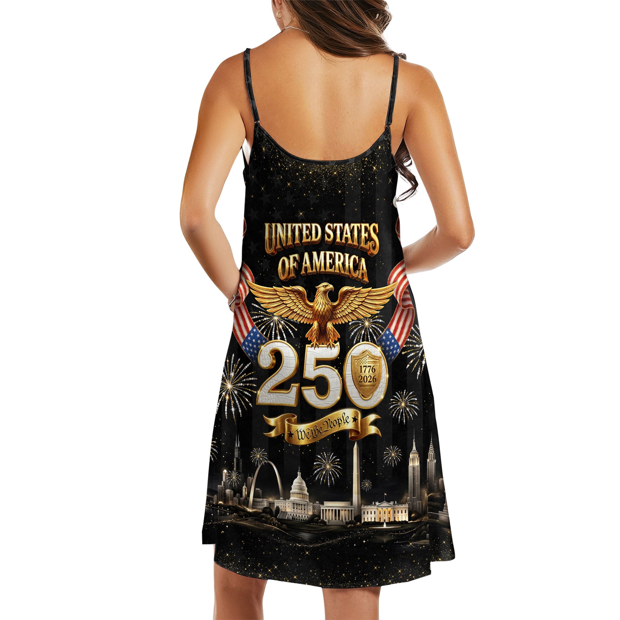 Womens 250th Anniversary Strap Dress Cool Patriotic US Landmark Eagle Firework Outfit