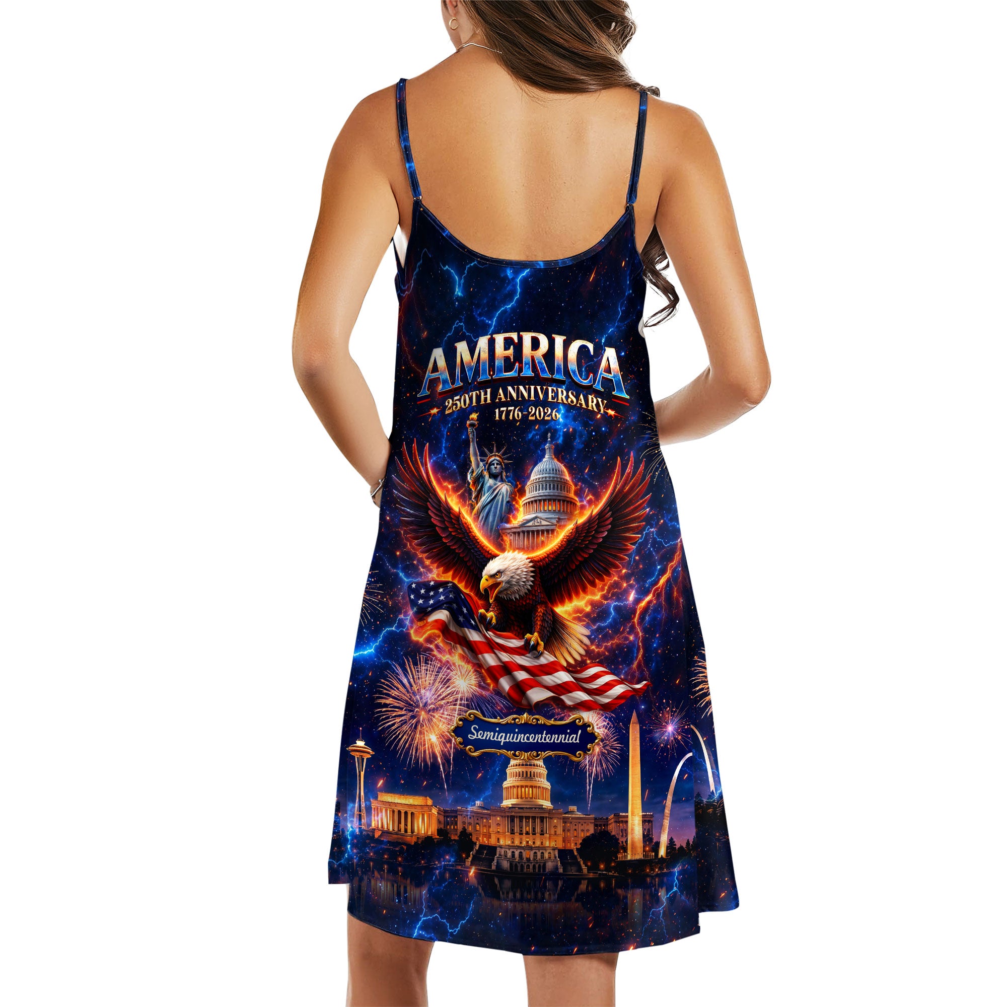 Womens 250 Years Liberty Bell Cami Dress Patriotic American Flag Skyline Pocket Outfit