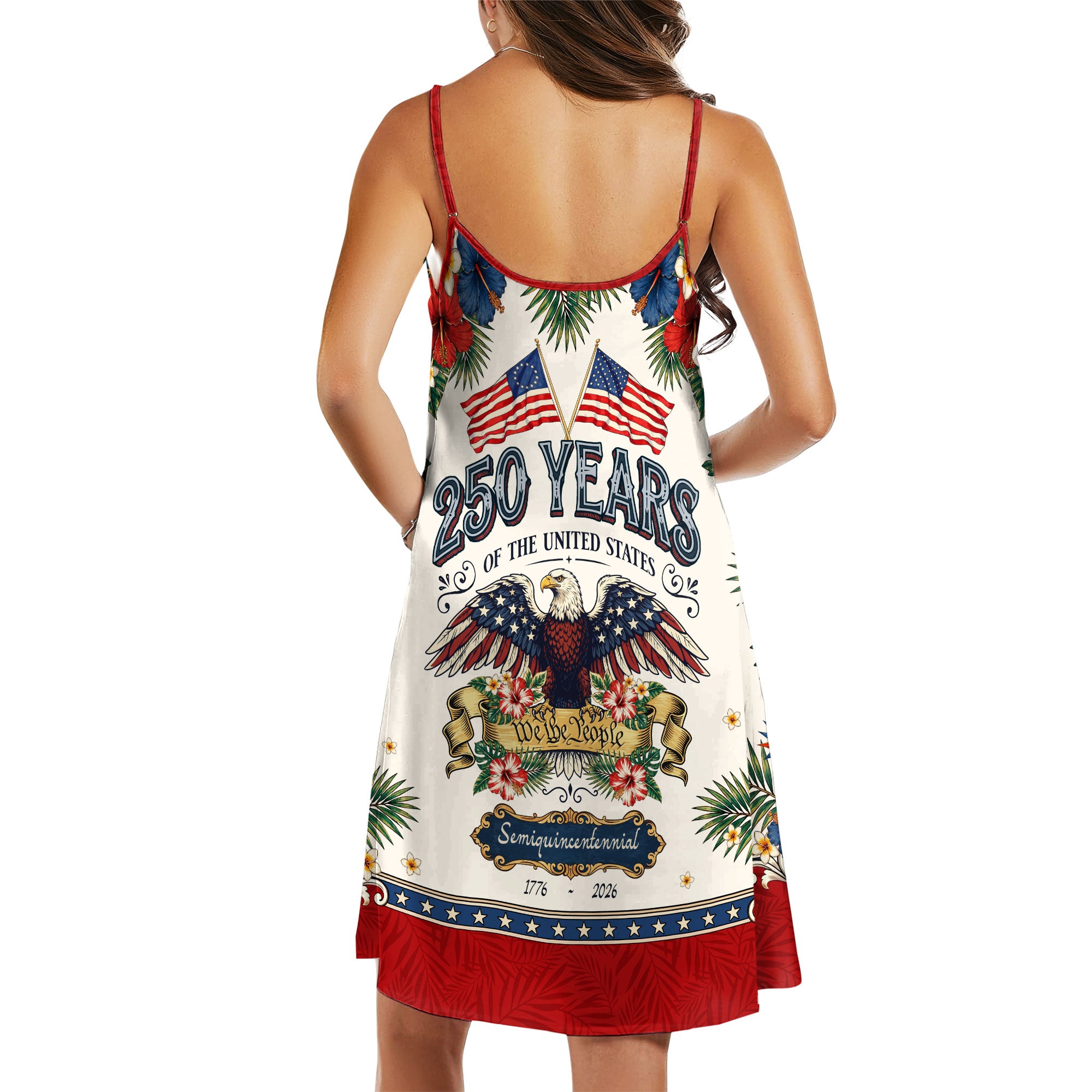 Womens 250th Anniversary Strap Dress Cool Patriotic American Flag Floral Holiday Outfits