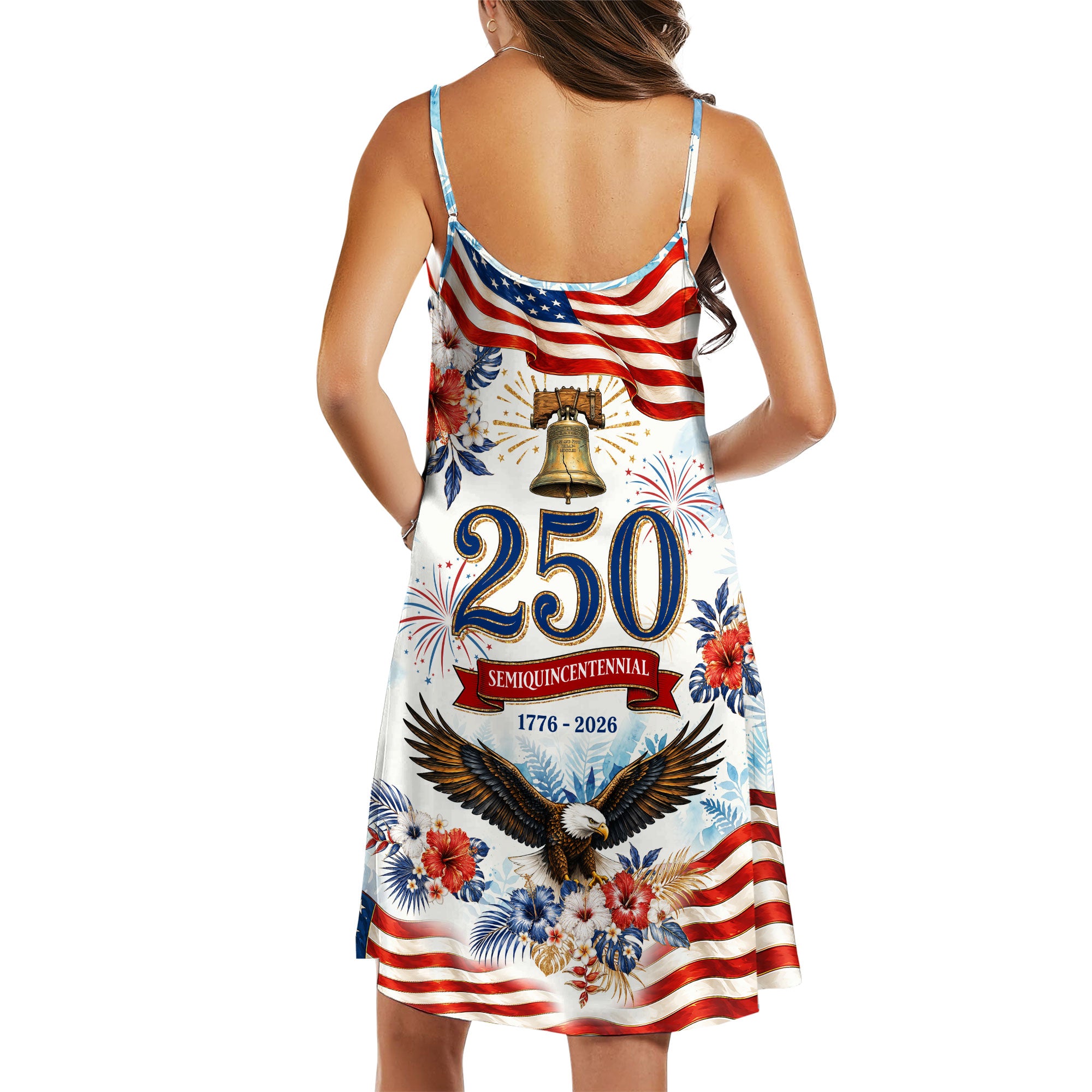 Womens 250th Anniversary Strap Dress Cool Patriotic American Flag Floral Holiday Top