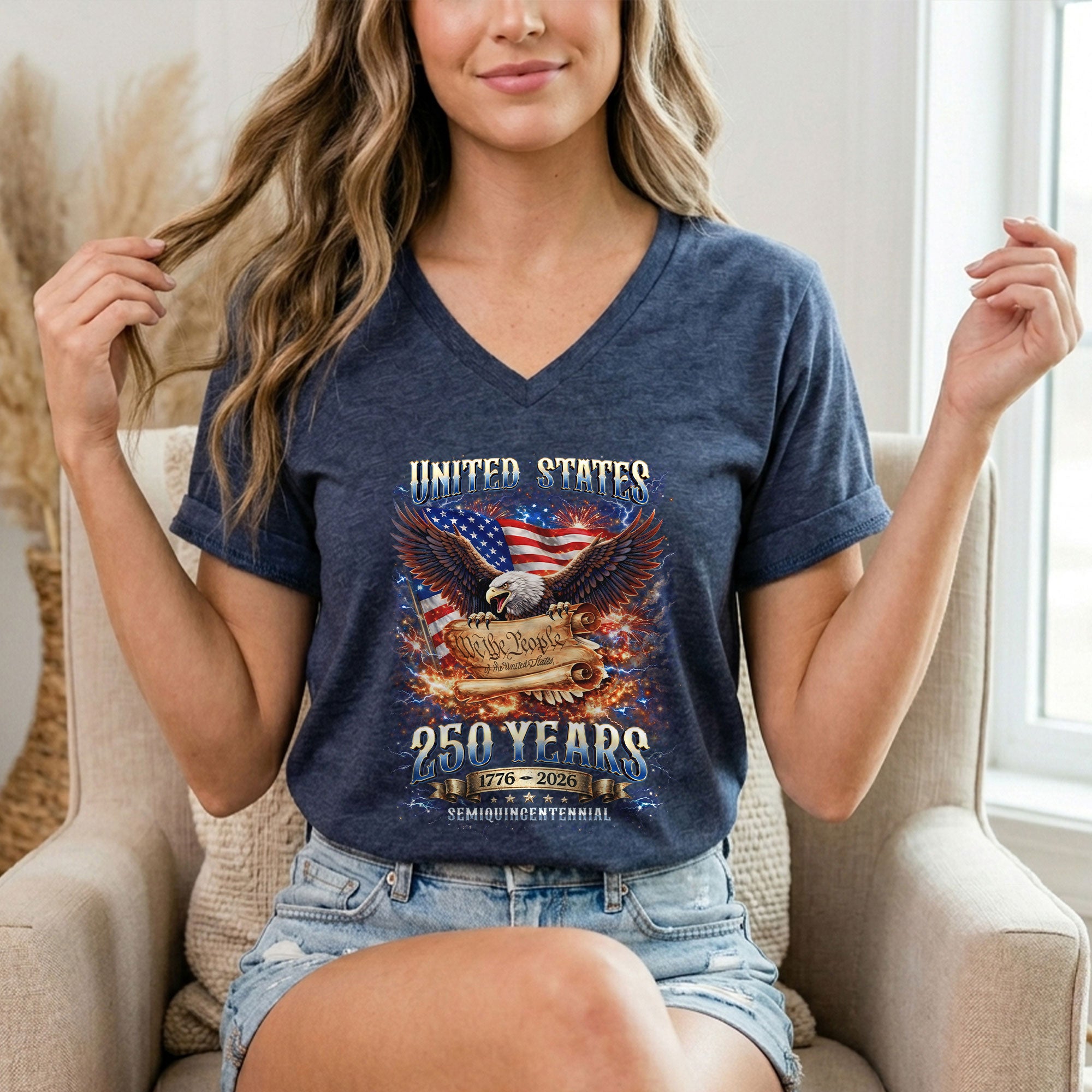 United States 250 Years Womens V Neck Shirt Retro We The People Firework Eagle Top