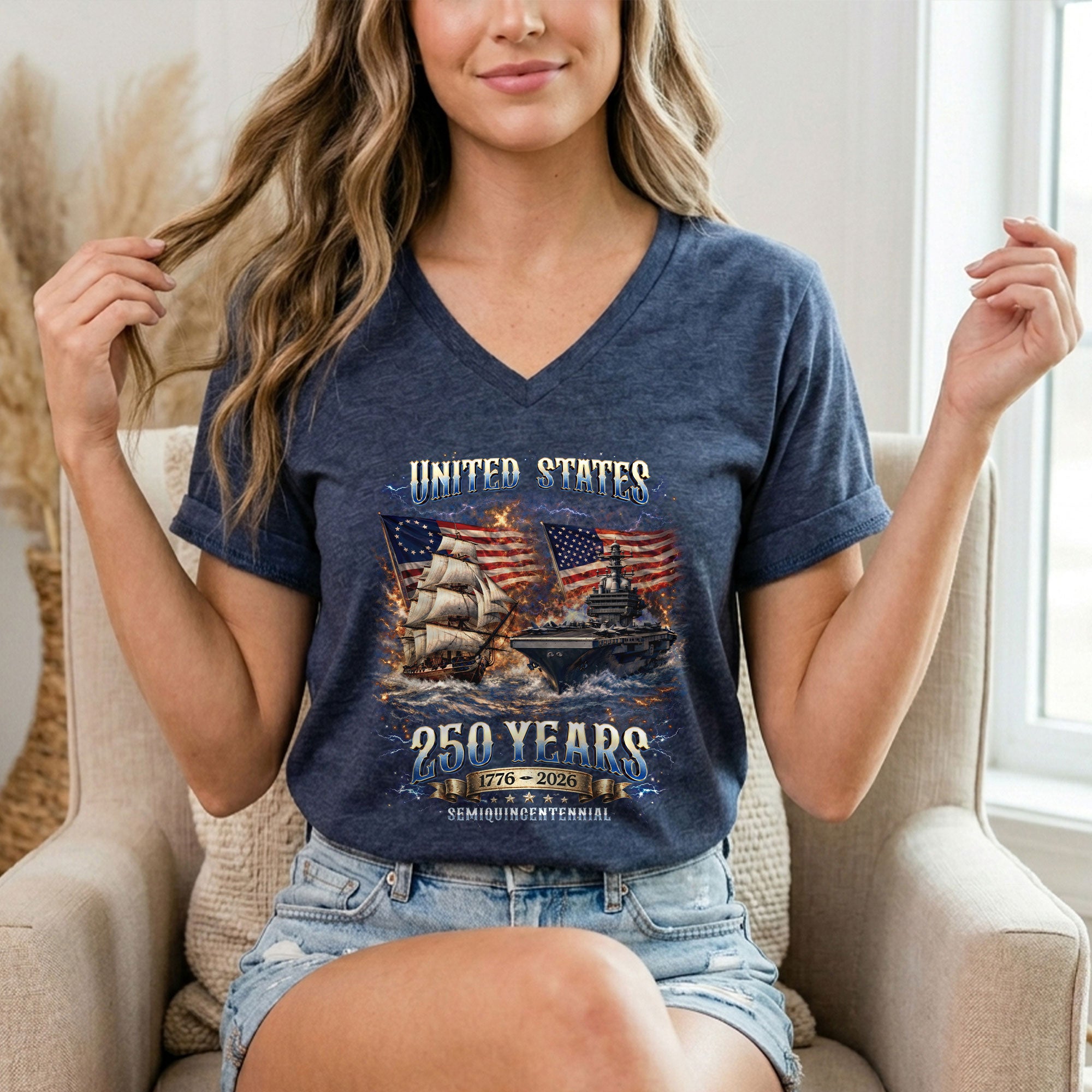 Patriotic Ship Womens V Neck Shirt Cool Military Flag Vintage 250 Years 1776 2026 Tee