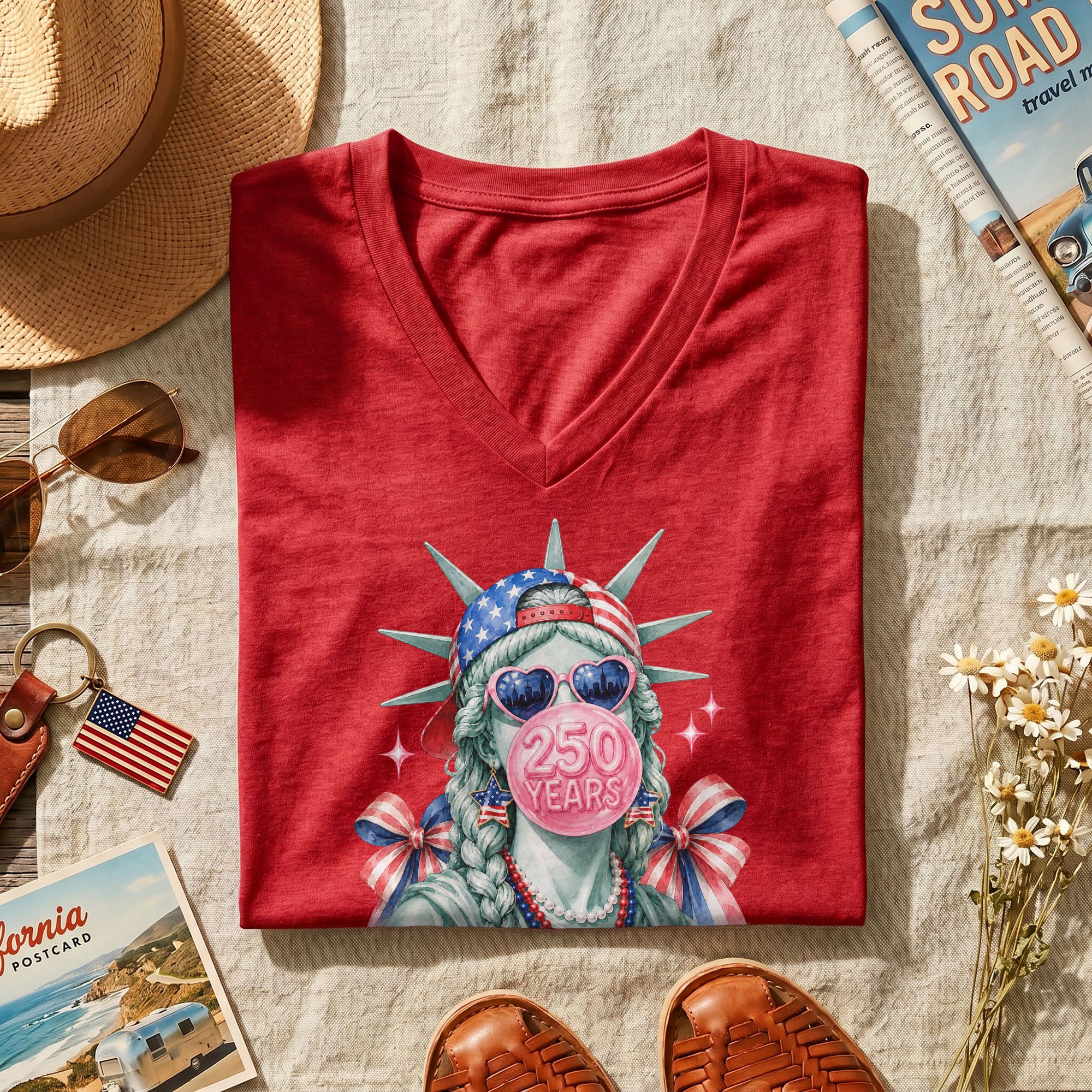 Statue of Liberty V-Neck Shirt Cute Bubble Gum Heart Sunglasses Patriotic Graphic Tee