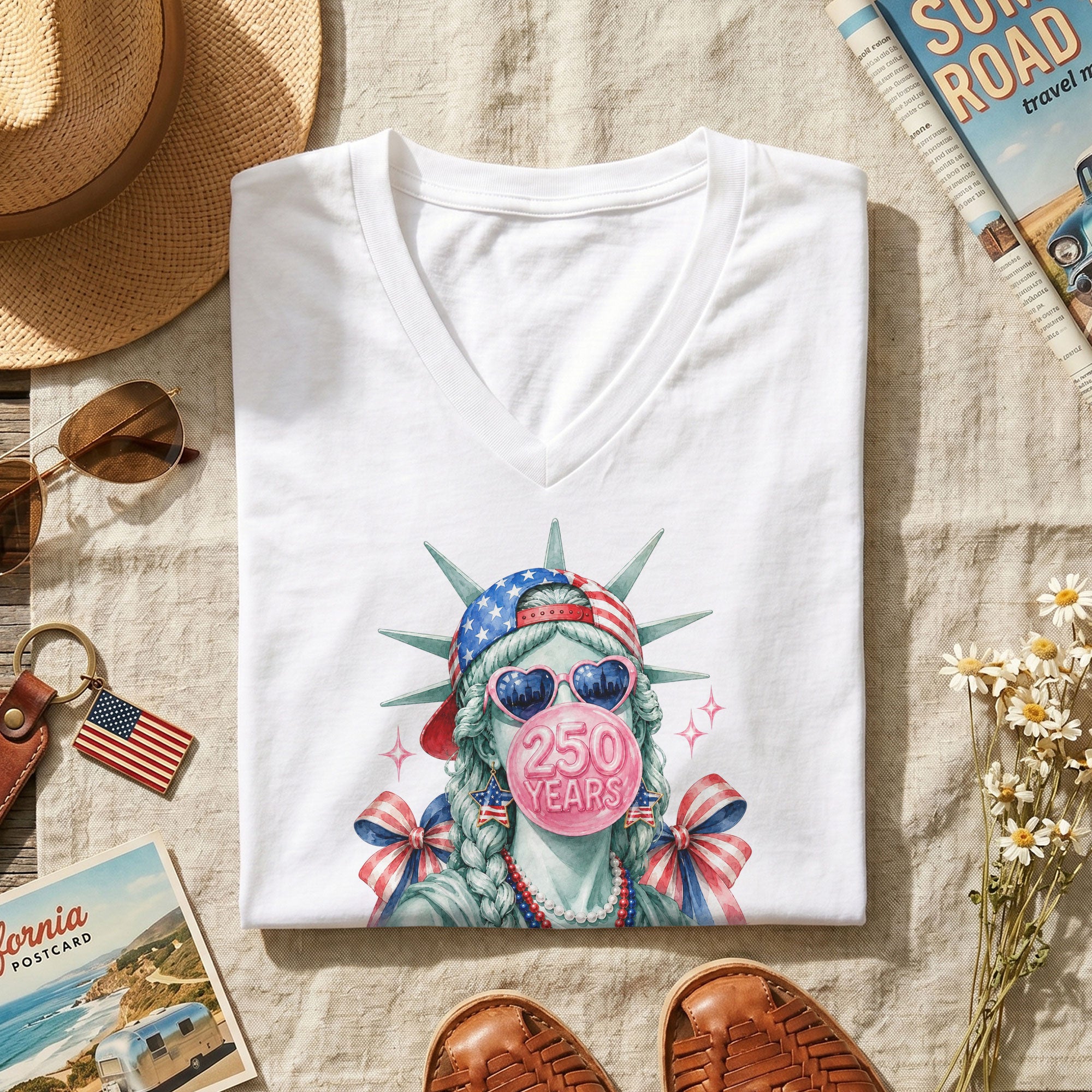 Statue of Liberty V-Neck Shirt Cute Bubble Gum Heart Sunglasses Patriotic Graphic Tee