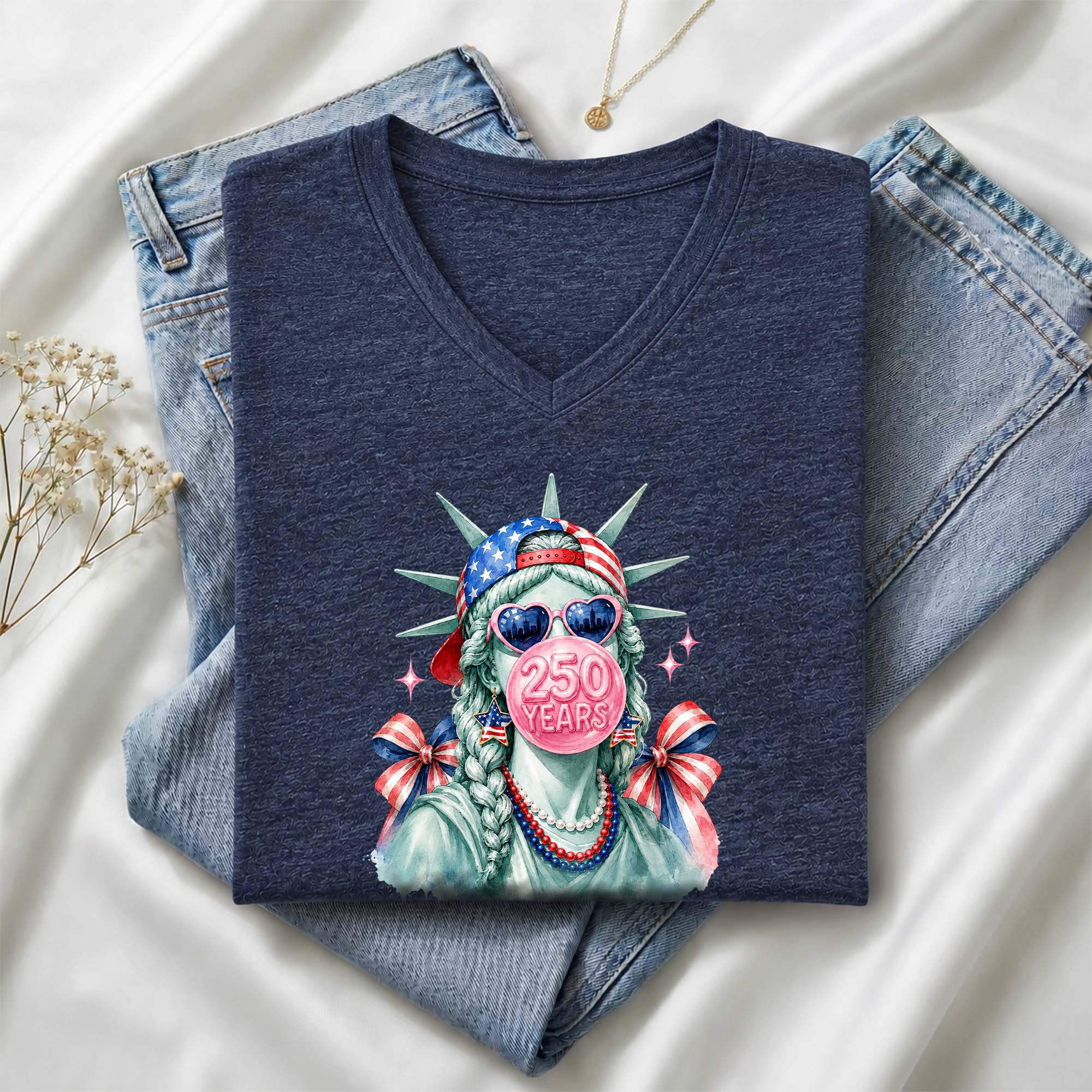 Statue of Liberty V-Neck Shirt Cute Bubble Gum Heart Sunglasses Patriotic Graphic Tee