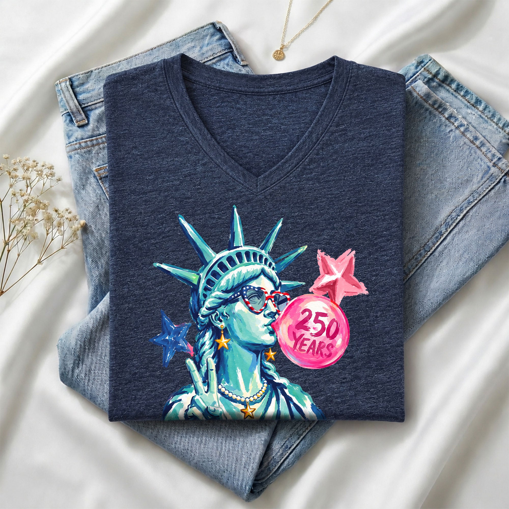 Statue of Liberty Peace Sign V-Neck Shirt Cute Bubble Gum Patriotic Graphic Tee