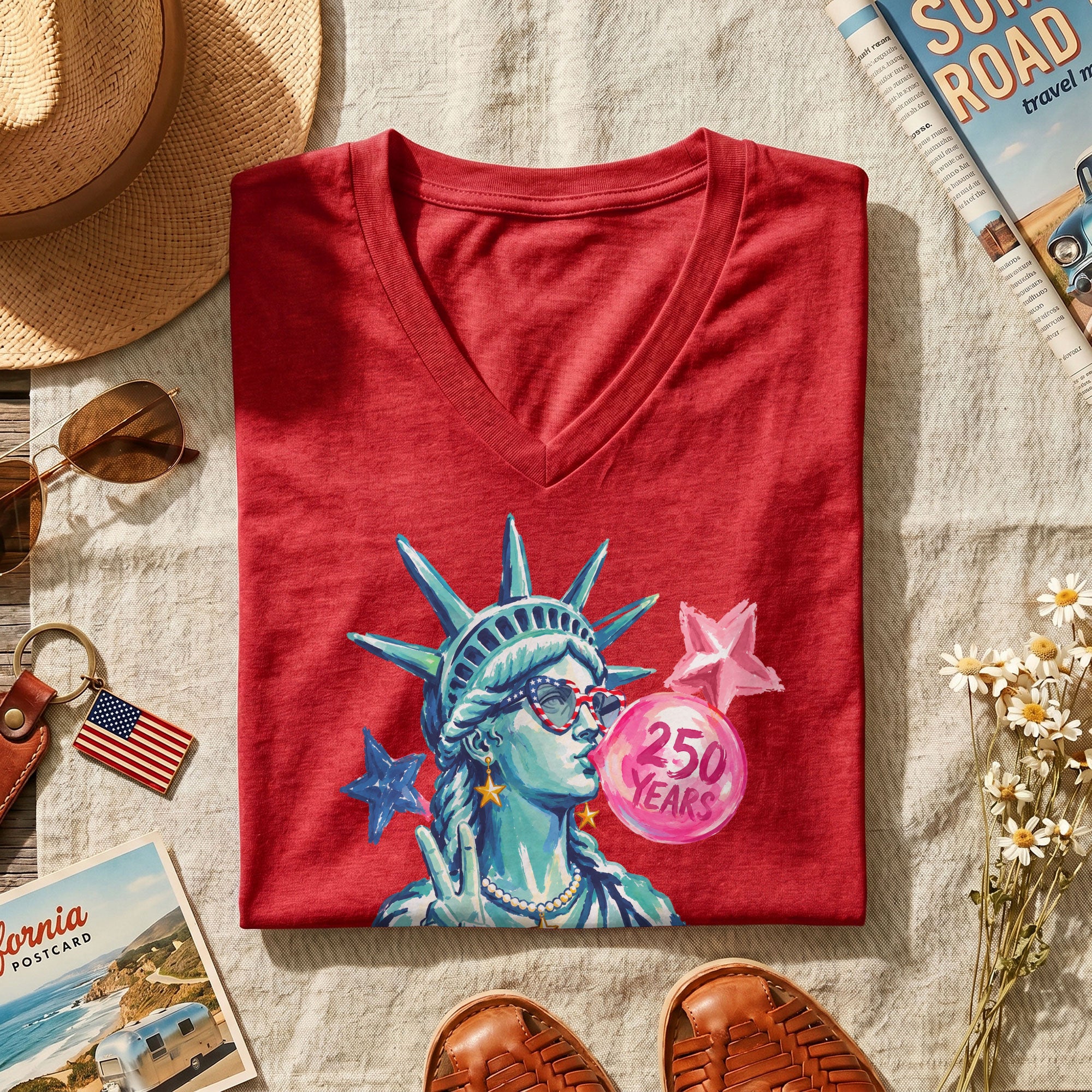 Statue of Liberty Peace Sign V-Neck Shirt Cute Bubble Gum Patriotic Graphic Tee