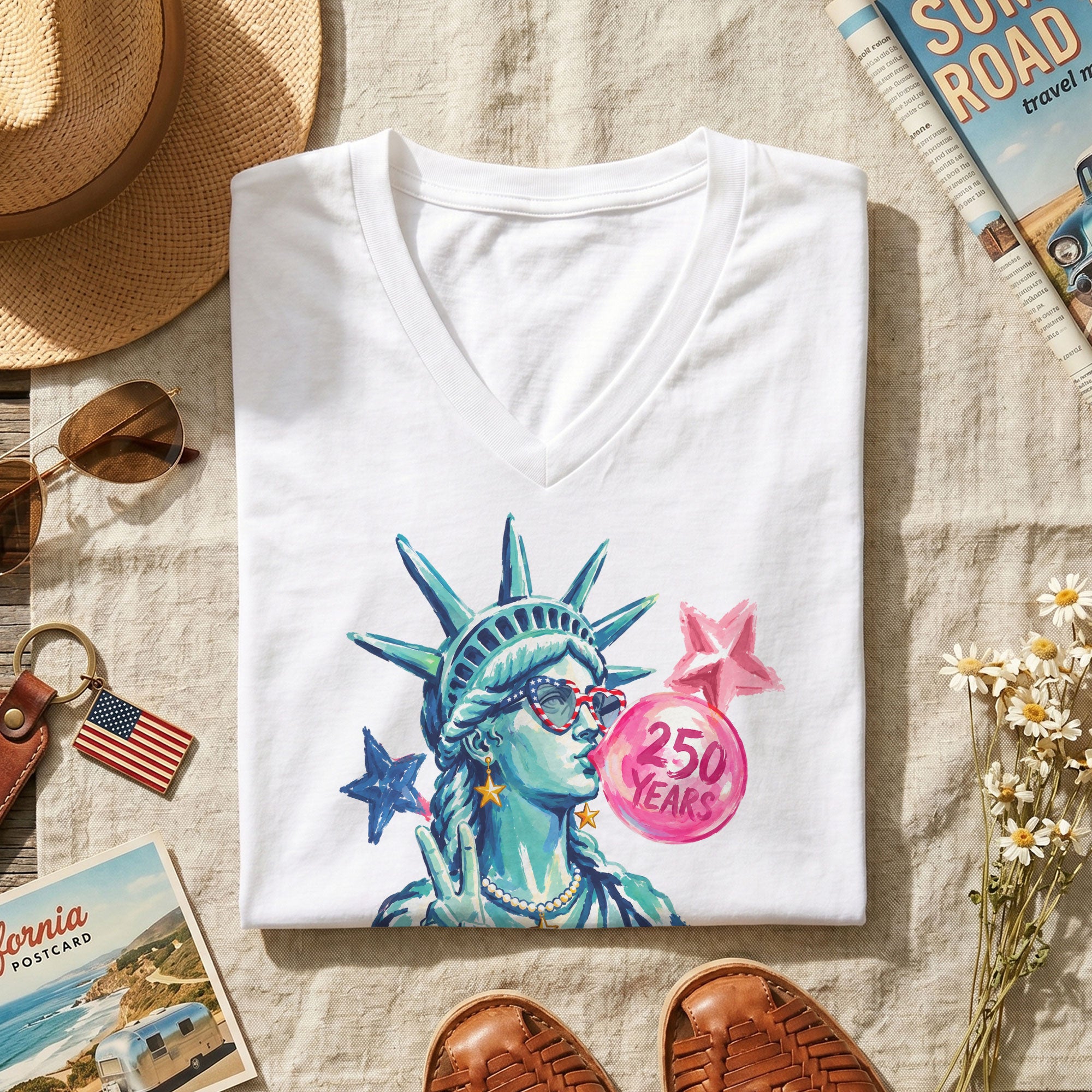 Statue of Liberty Peace Sign V-Neck Shirt Cute Bubble Gum Patriotic Graphic Tee