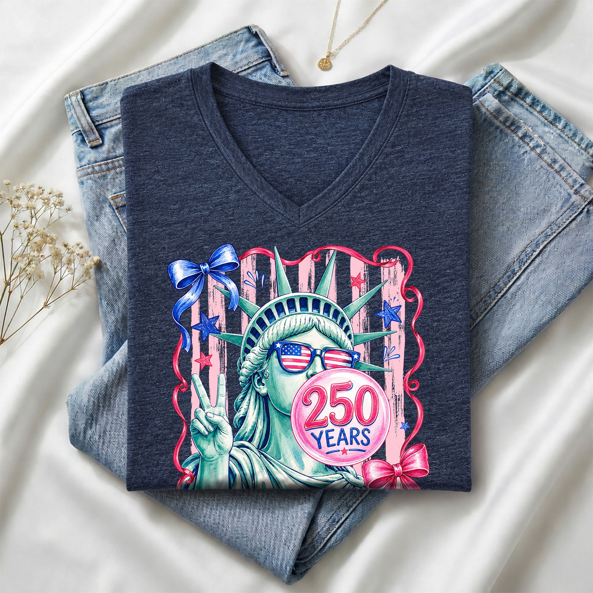 Statue of Liberty V-Neck Shirt Cute Peace Sign Sunglasses Ribbon Patriotic Graphic Tee