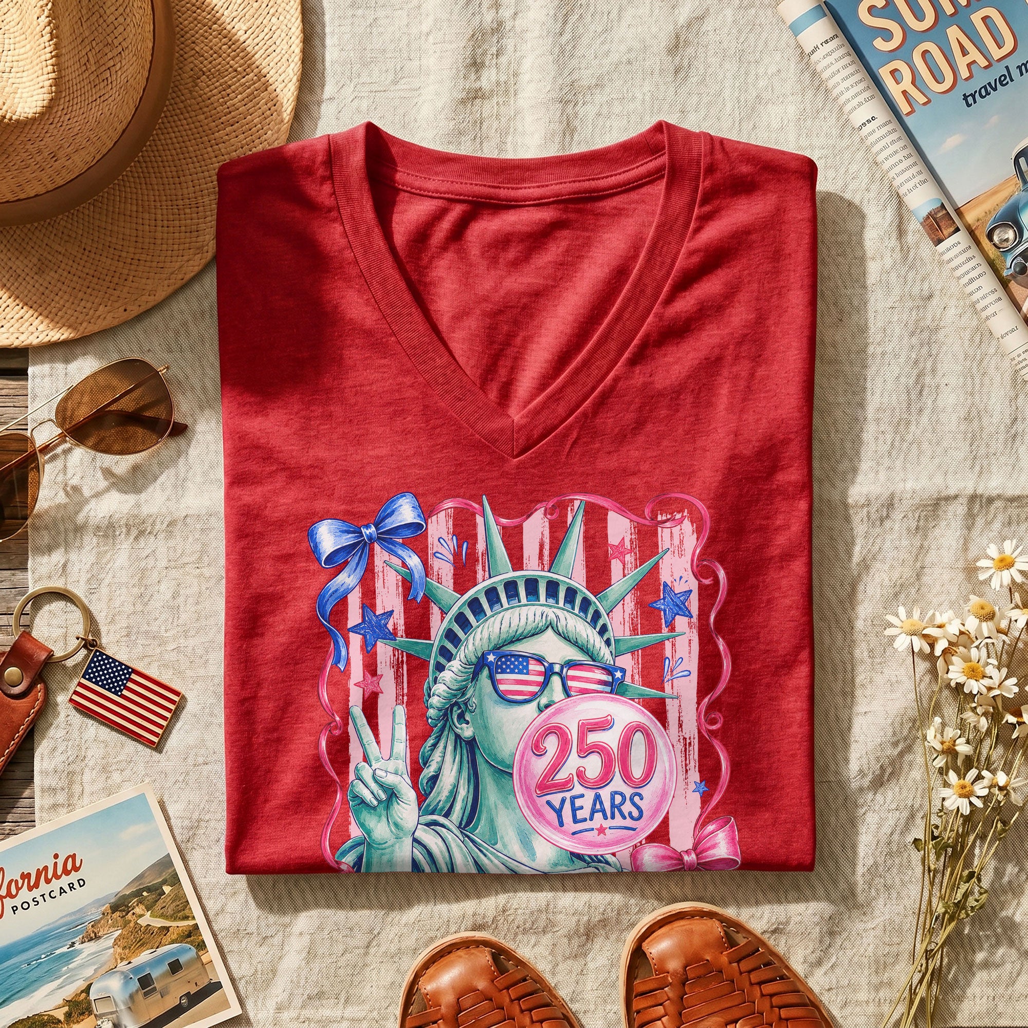 Statue of Liberty V-Neck Shirt Cute Peace Sign Sunglasses Ribbon Patriotic Graphic Tee
