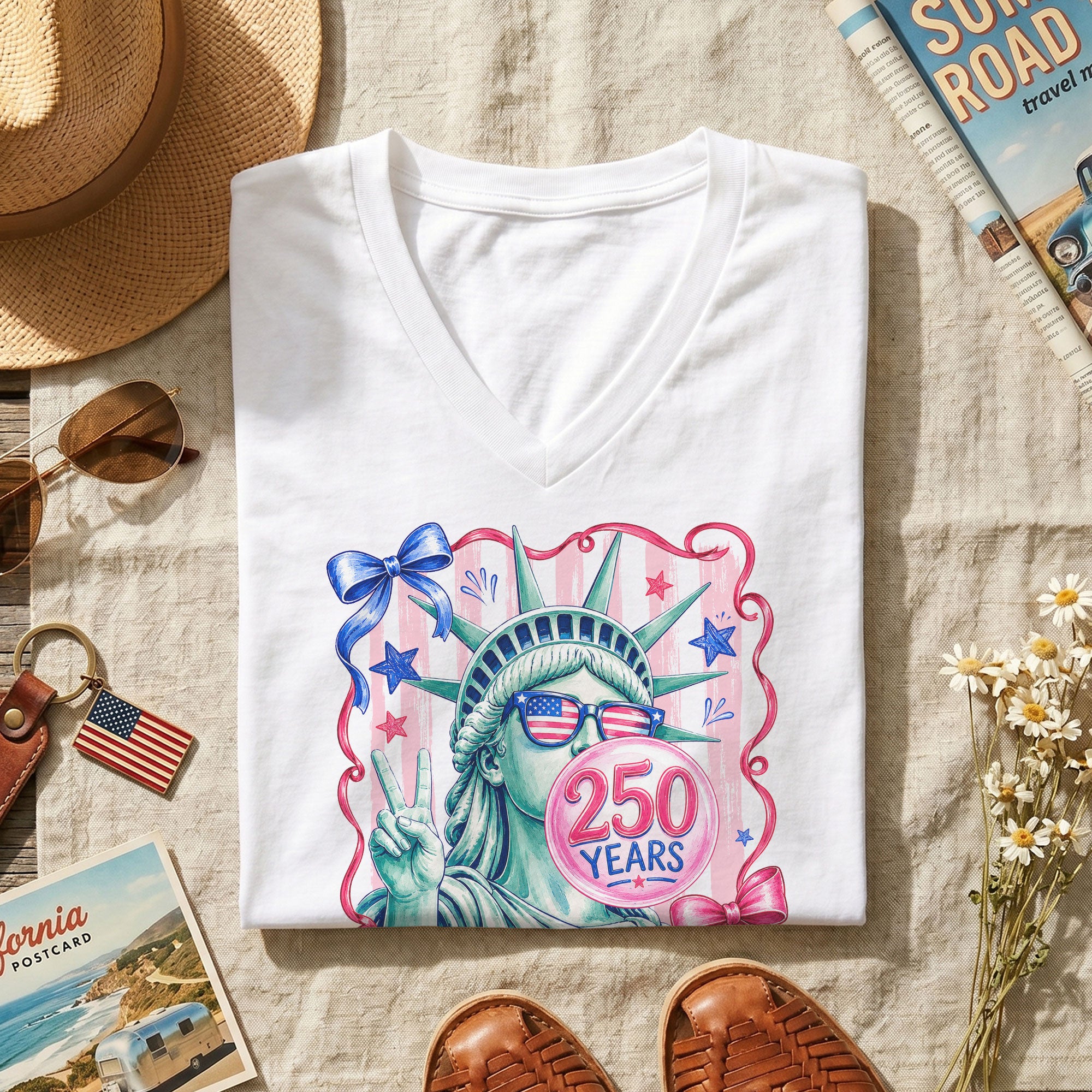Statue of Liberty V-Neck Shirt Cute Peace Sign Sunglasses Ribbon Patriotic Graphic Tee