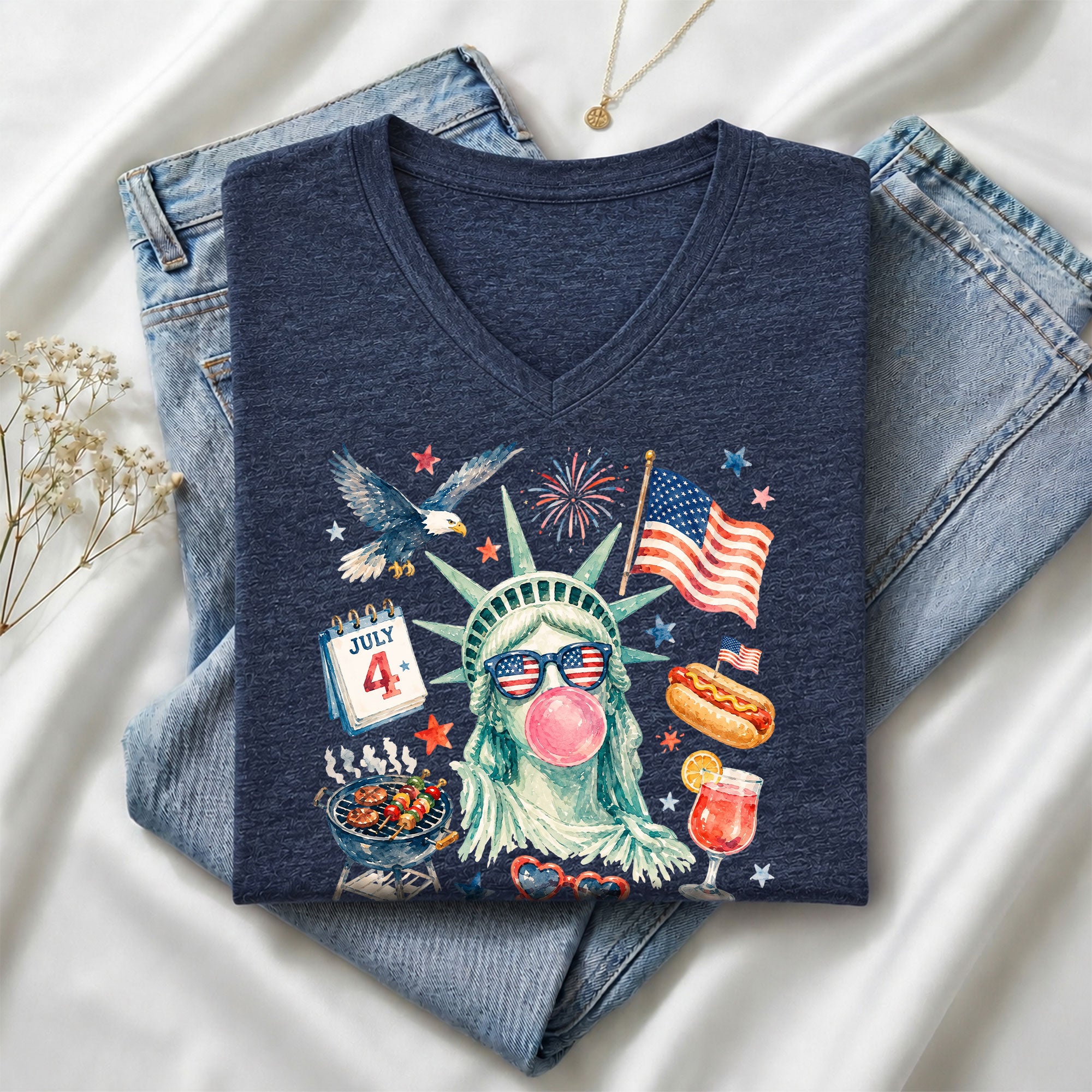 4th of July BBQ V-Neck Shirt Statue of Liberty Bubble Gum Hot Dog Patriotic Graphic Tee