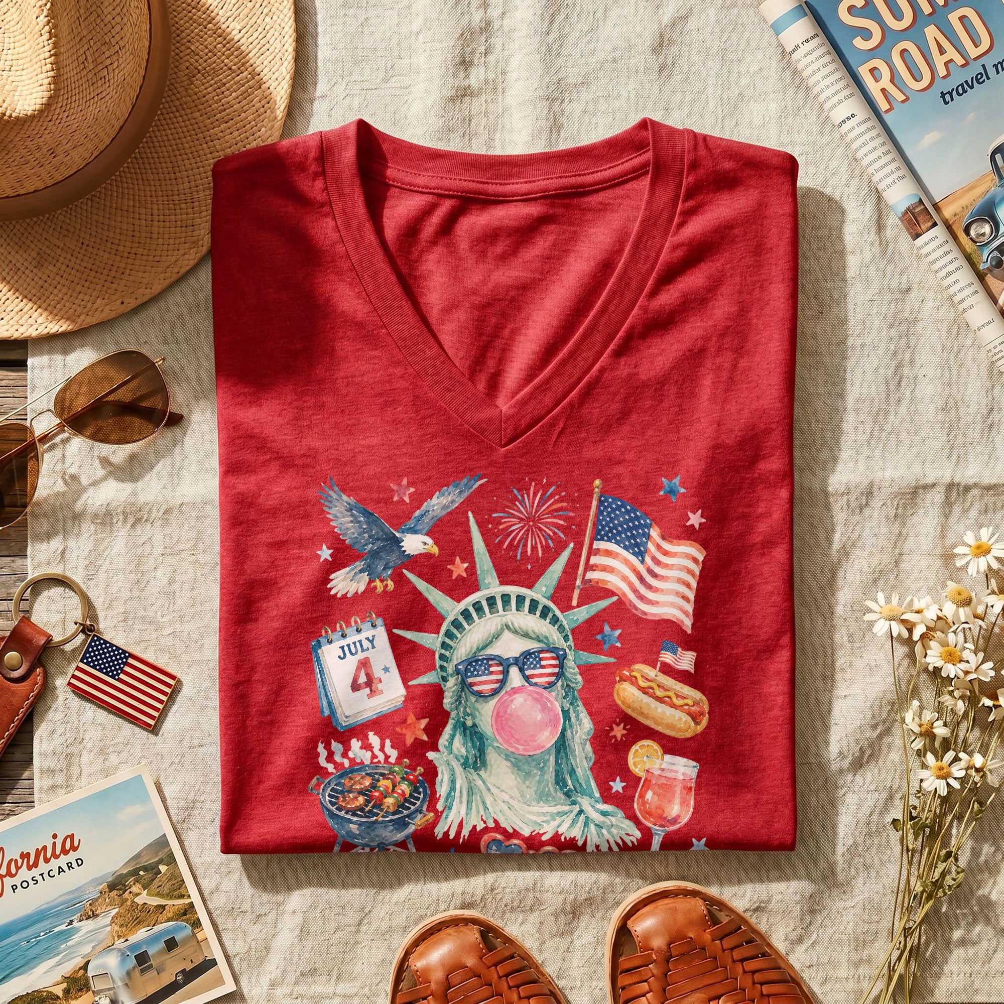4th of July BBQ V-Neck Shirt Statue of Liberty Bubble Gum Hot Dog Patriotic Graphic Tee