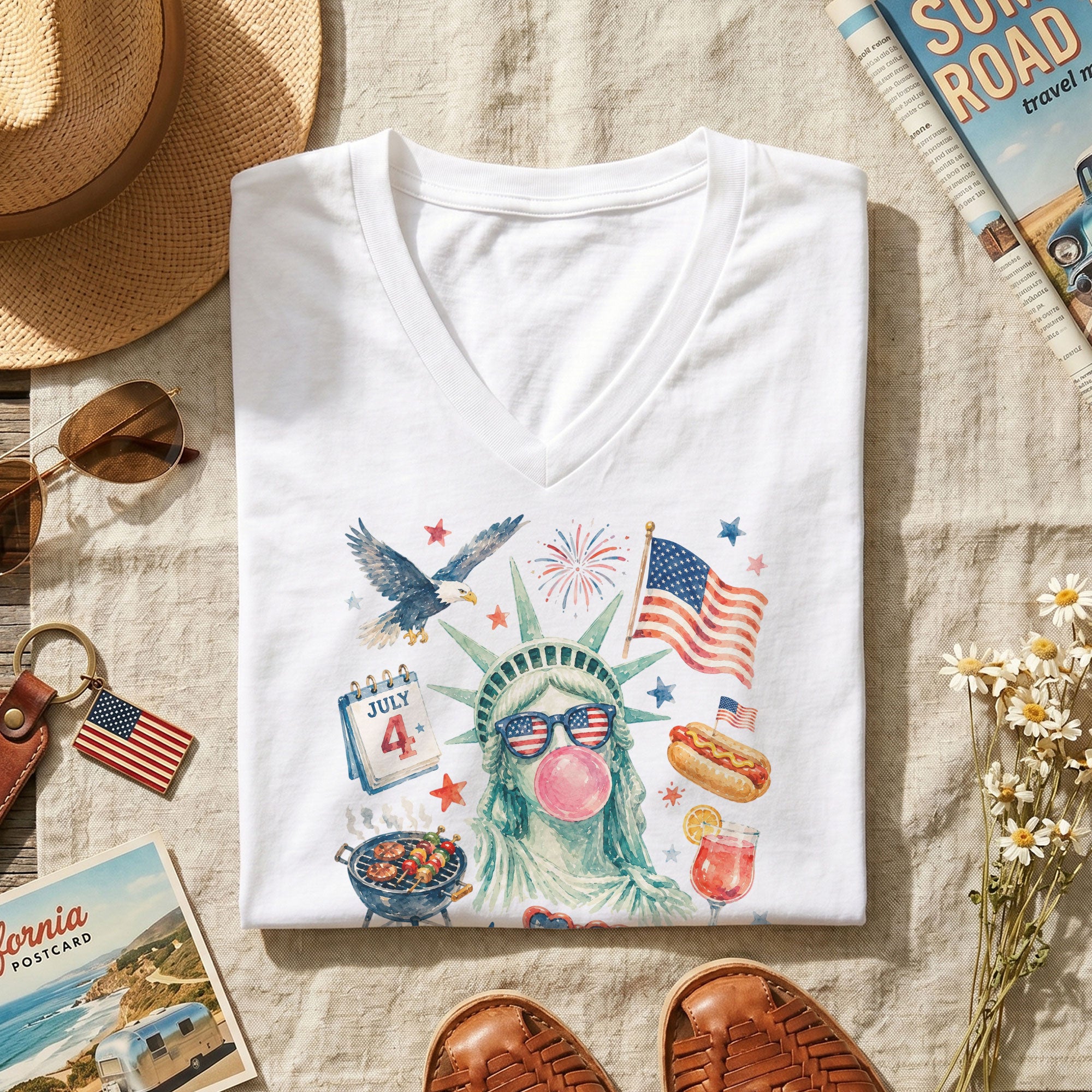 4th of July BBQ V-Neck Shirt Statue of Liberty Bubble Gum Hot Dog Patriotic Graphic Tee