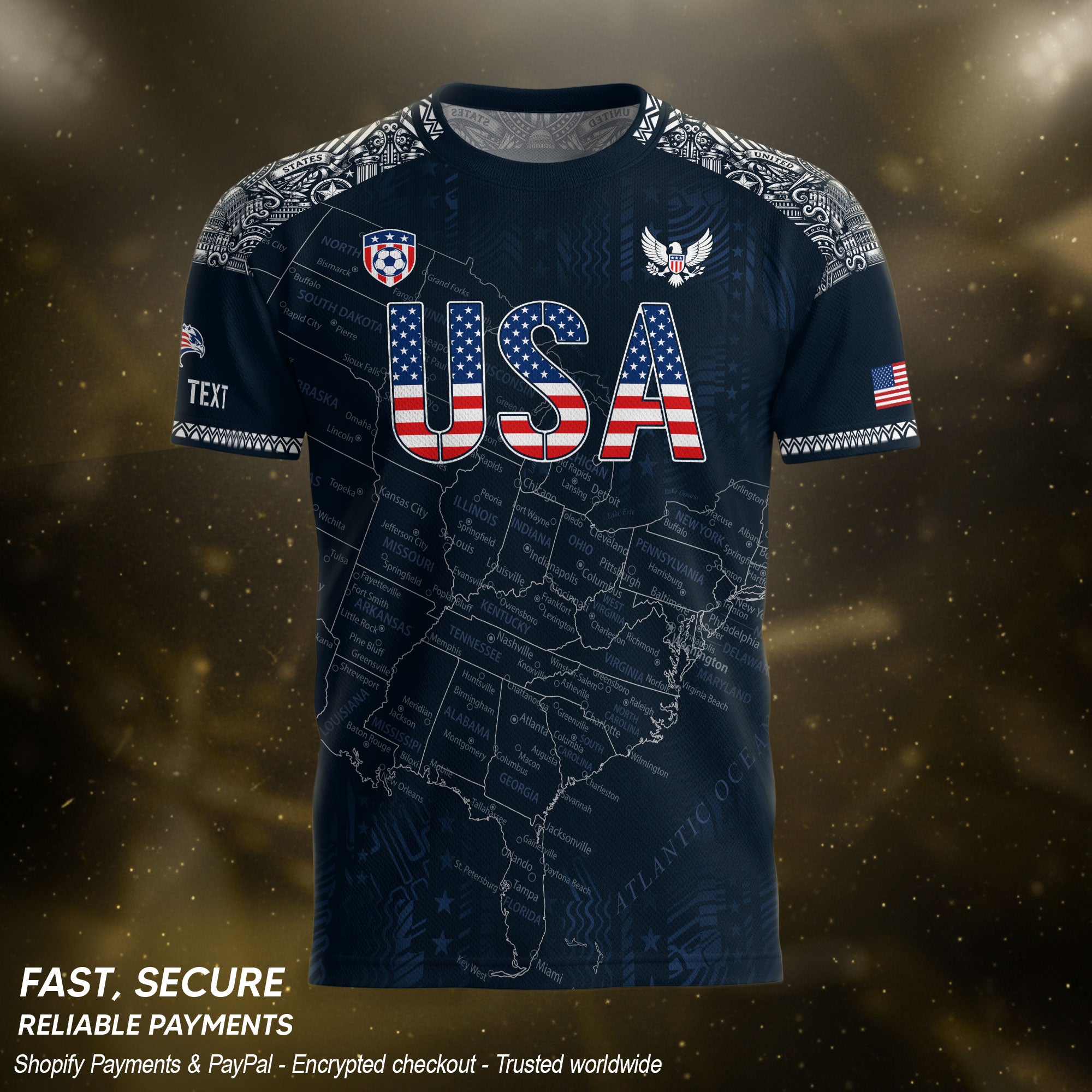 Custom Name Number USA Soccer Jersey Vintage Map Patriotic Navy Blue Football Team Shirt