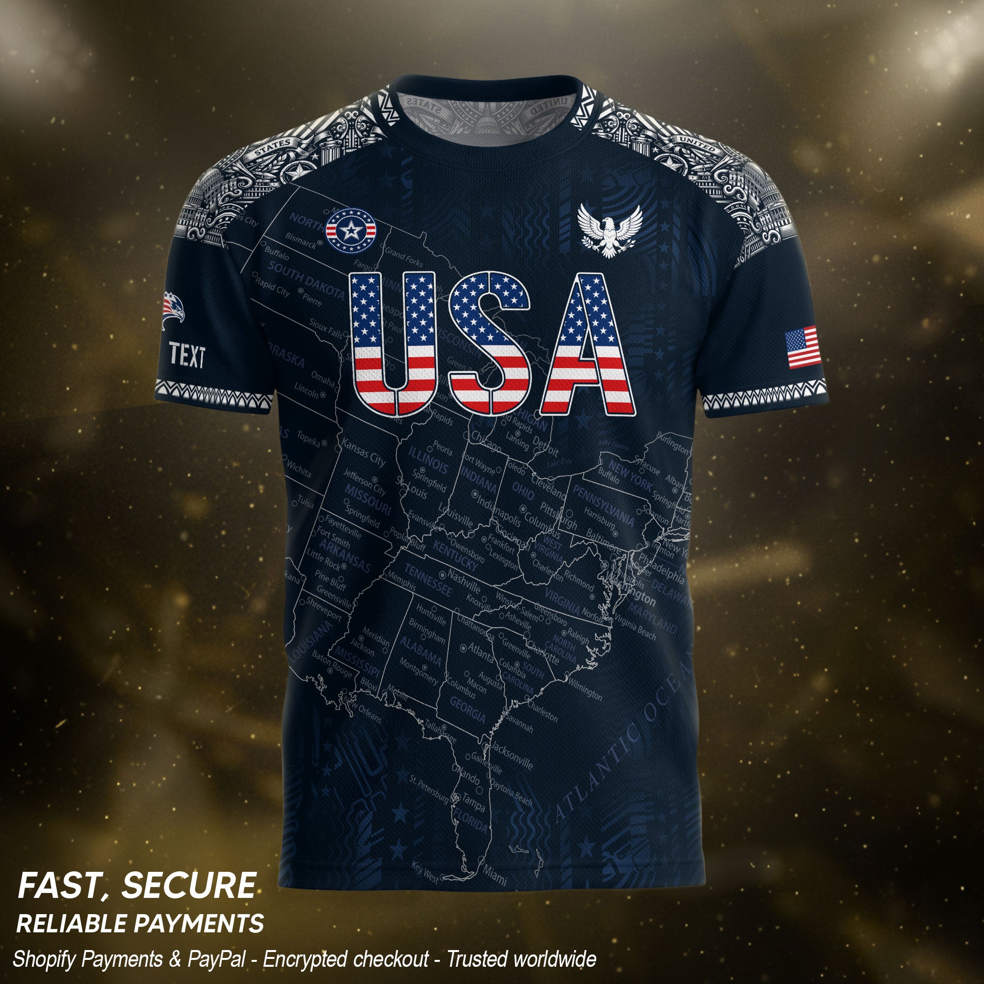 Custom Name Number USA Soccer Jersey Vintage Map Patriotic Navy Blue Football Team Shirt