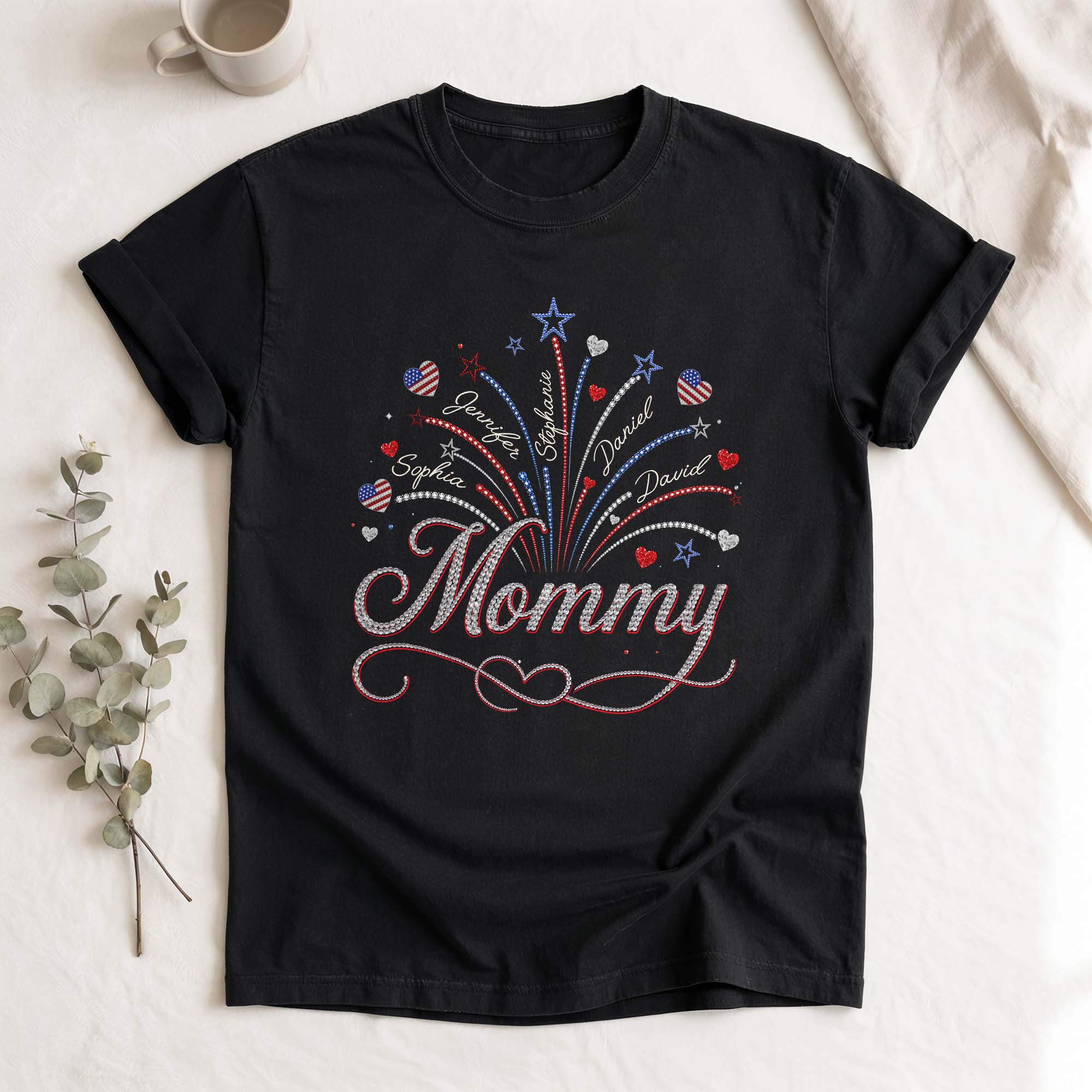 Heart Fireworks Holiday Shirts Custom Kids Names Personalized Title All Ages Apparel