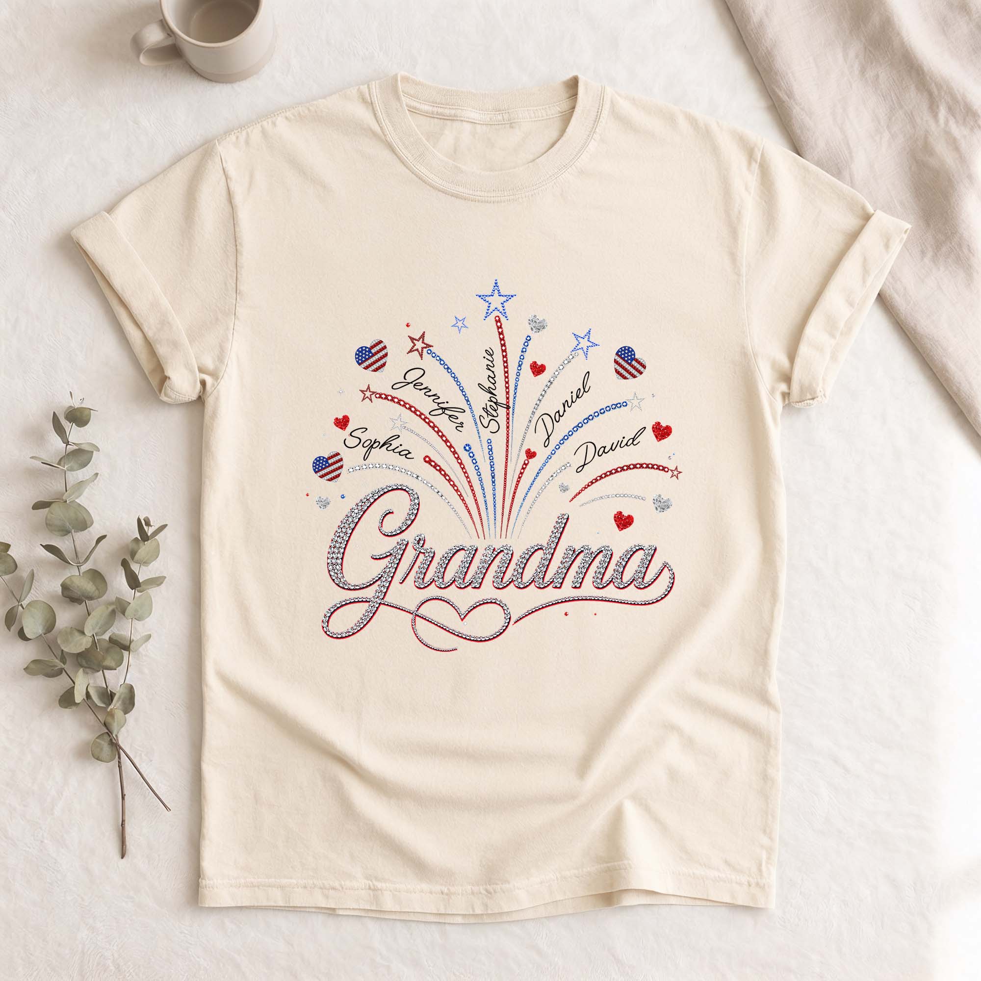 Heart Fireworks Holiday Shirts Custom Kids Names Personalized Title All Ages Apparel