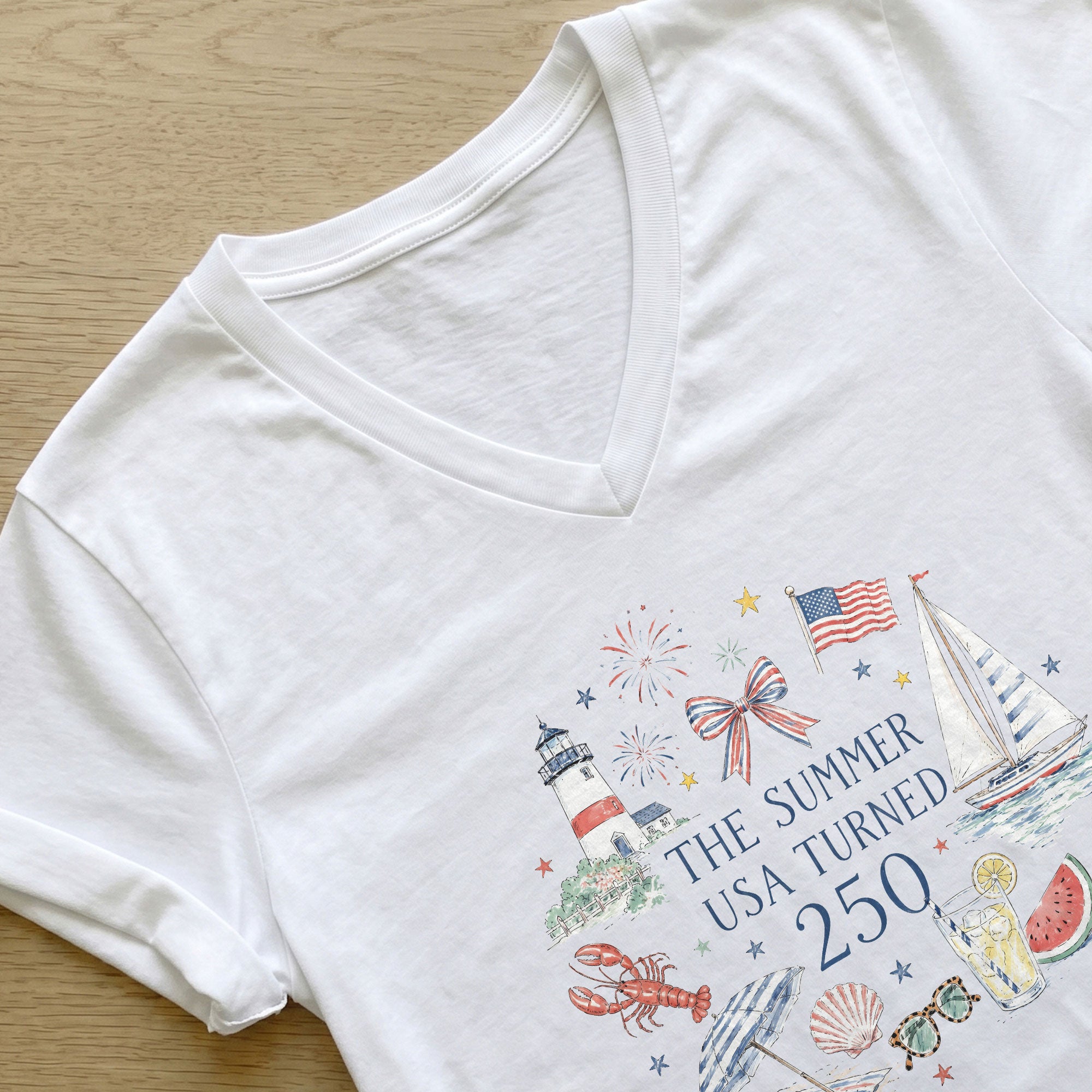 Women's V-Neck Patriotic The Summer USA Turned 250 Shirt Festive Graphic Tee Gift