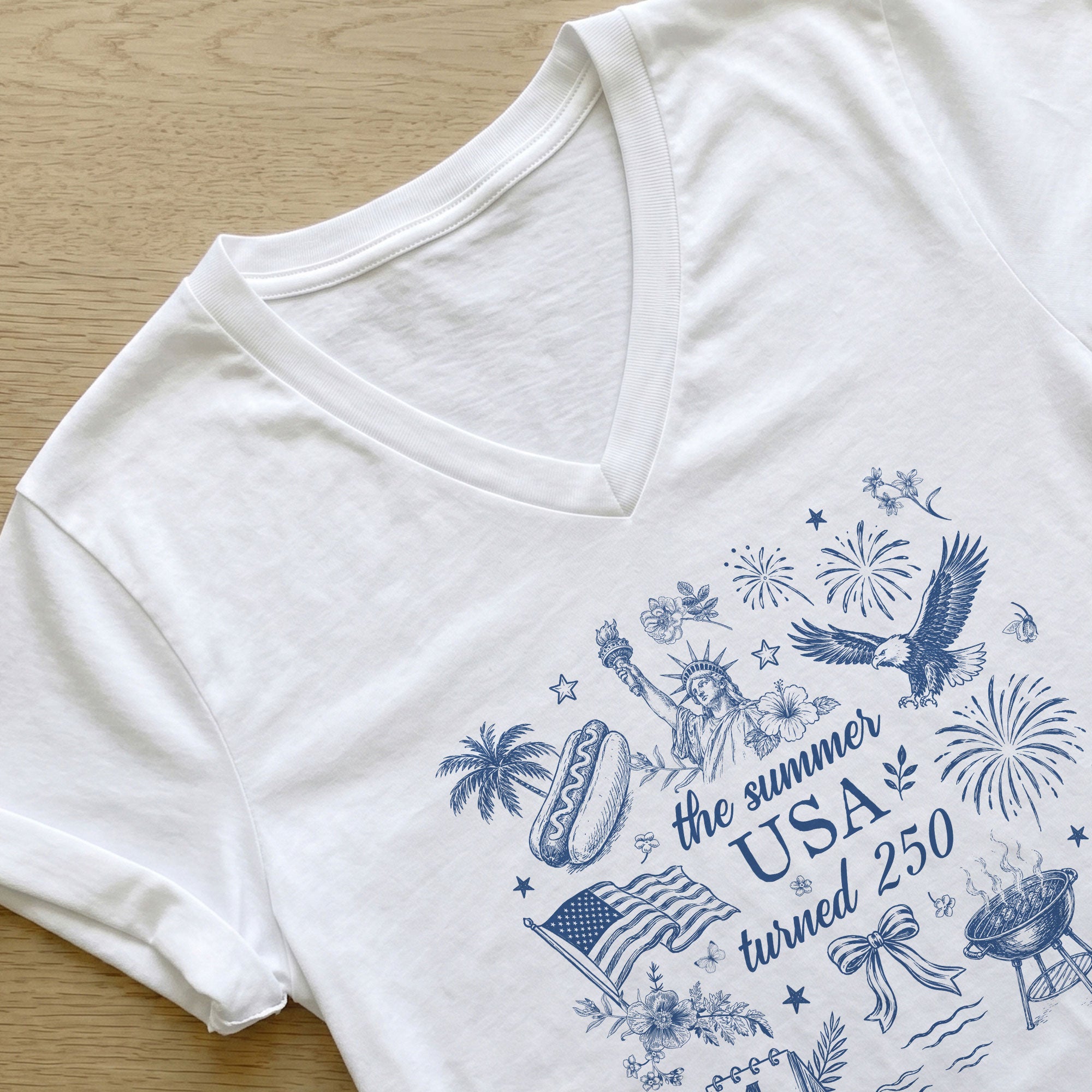 250th Anniversary V-Neck Tee Patriotic Women's The Summer USA Turned 250 Shirt