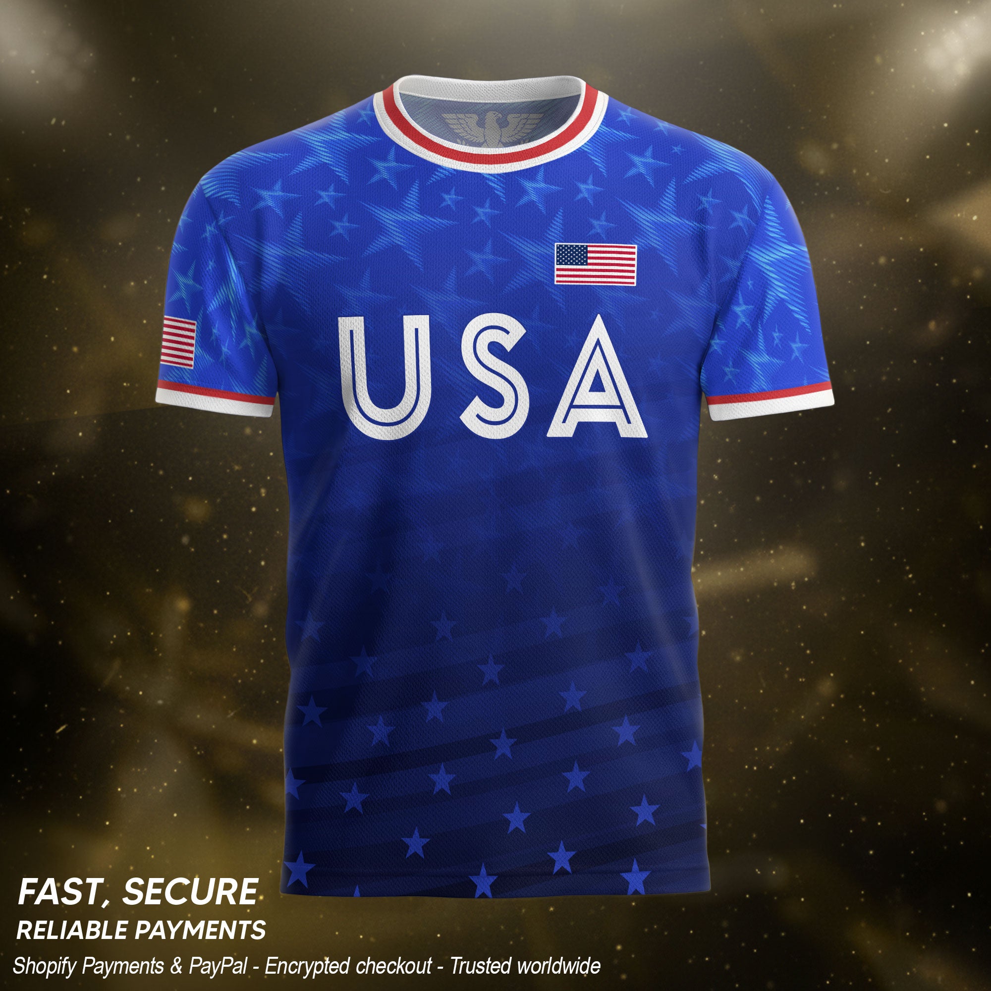 USA Soccer Jersey Adult Blue Patriotic Stars Shirt American Football Team Tee - Rust Field Wear