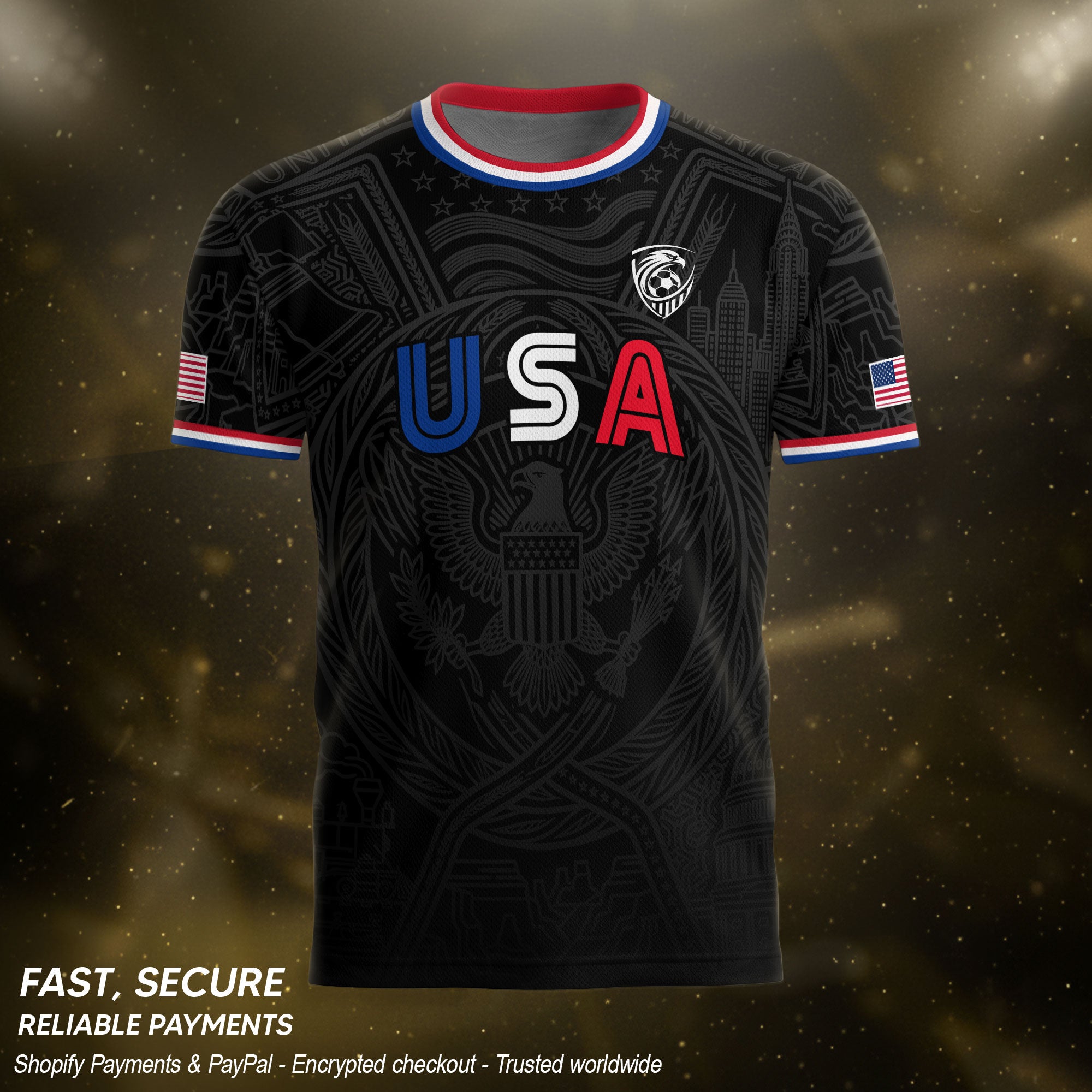 USA Patriotic Soccer Jersey Adult Black Eagle American Flag Independence Day Shirt
