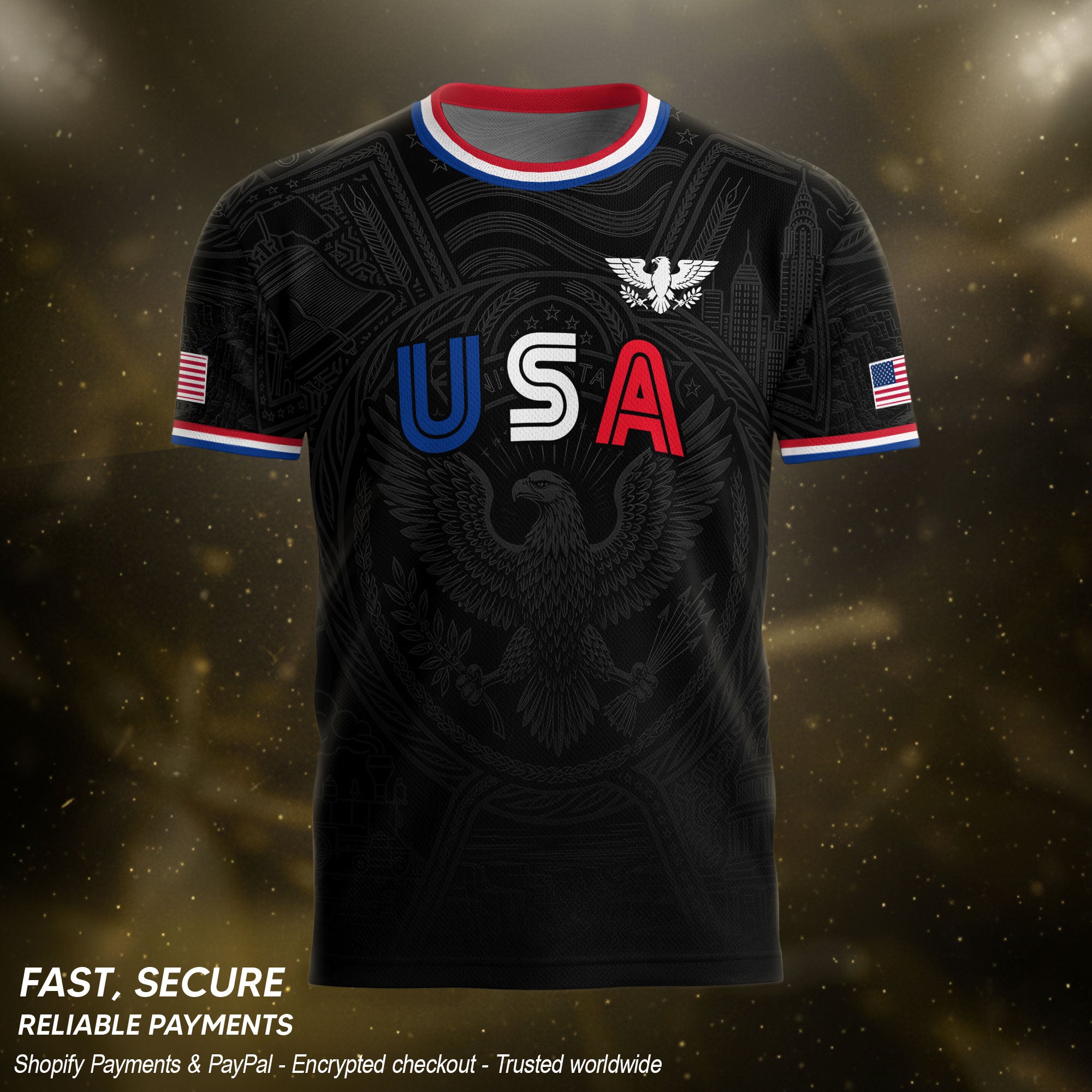 USA Patriotic Soccer Jersey Adult Black Eagle American Flag Independence Day Shirt