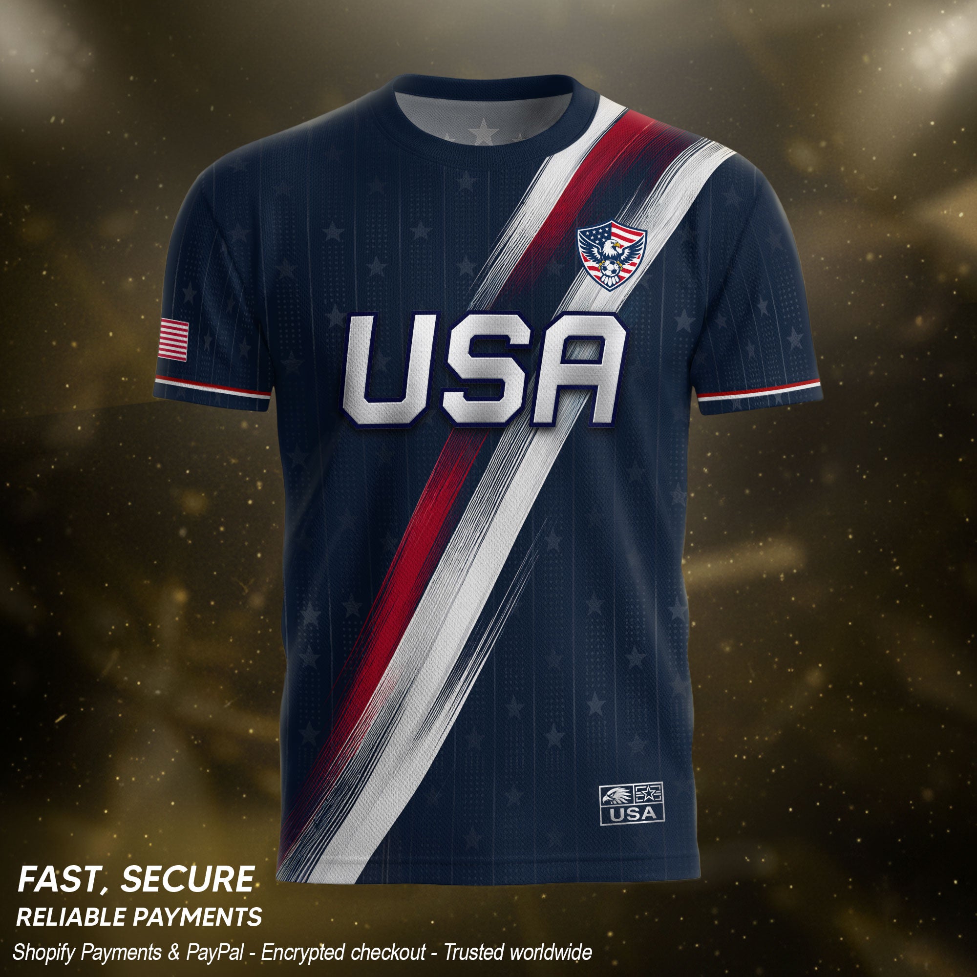 USA Soccer Jersey Adult Navy Patriotic Diagonal Sash Shirt United States Football Tee