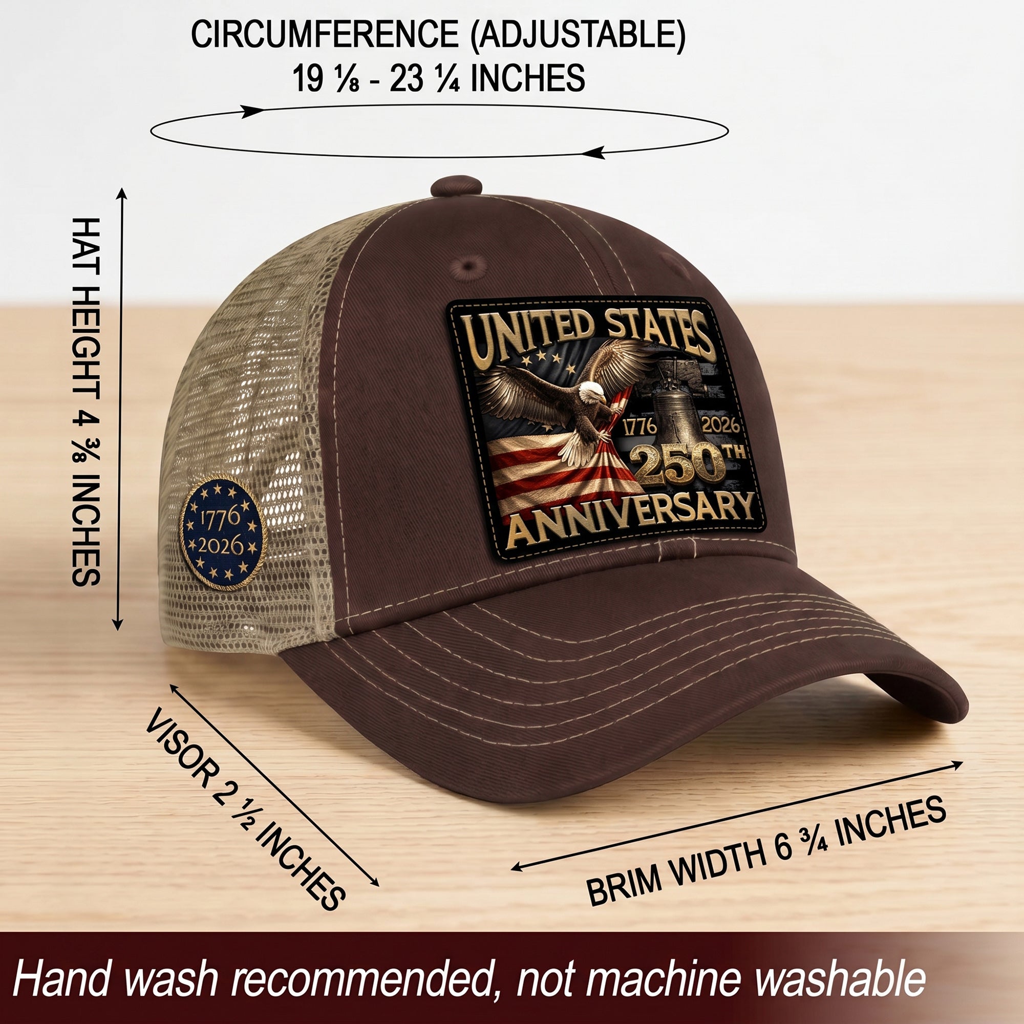 US 250th Anniversary Eagle Trucker Hat Vintage Leather Patch Patriotic Historic Cap