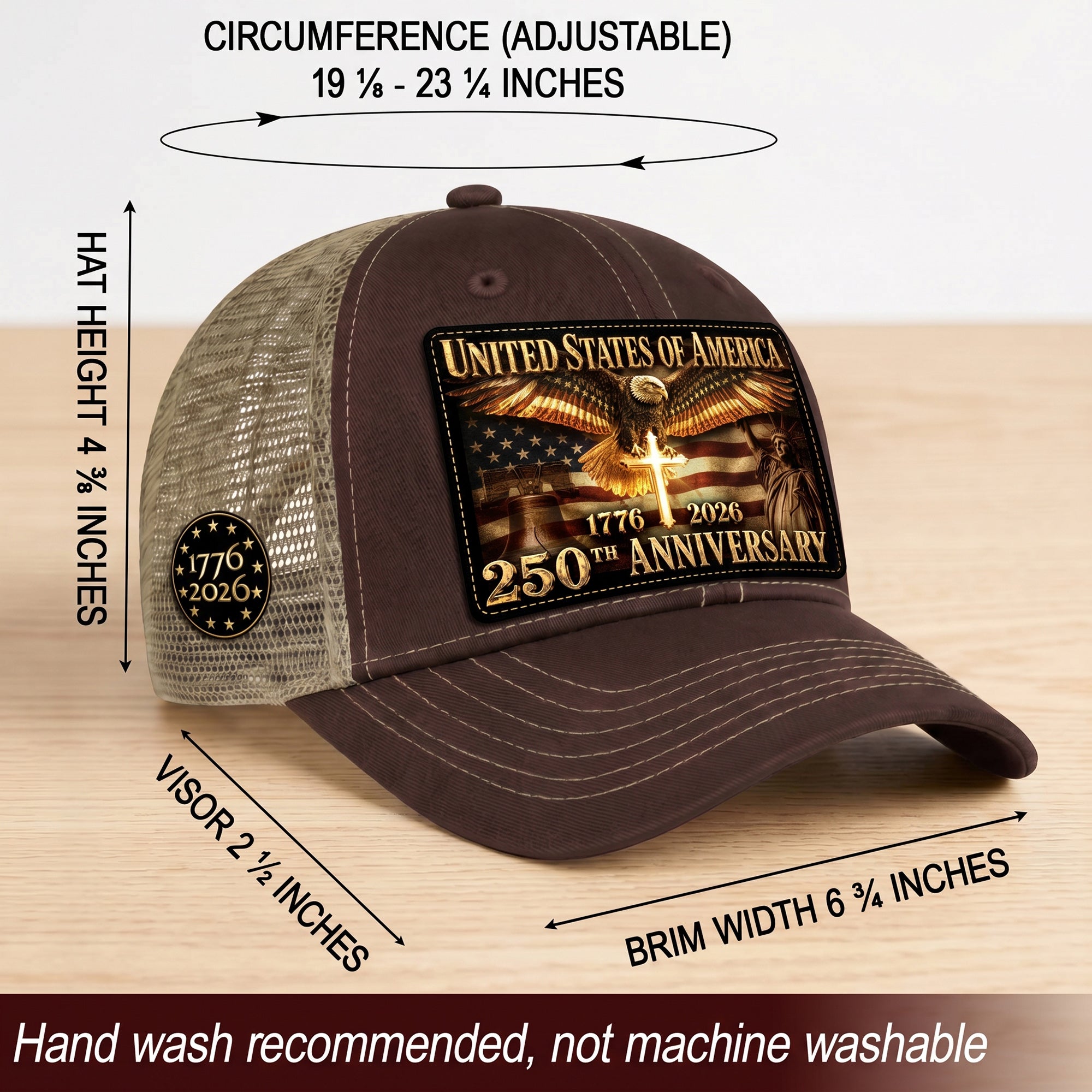 US 250th Anniversary Trucker Hat Christian Cross Eagle Liberty Bell Patriotic Mesh Cap