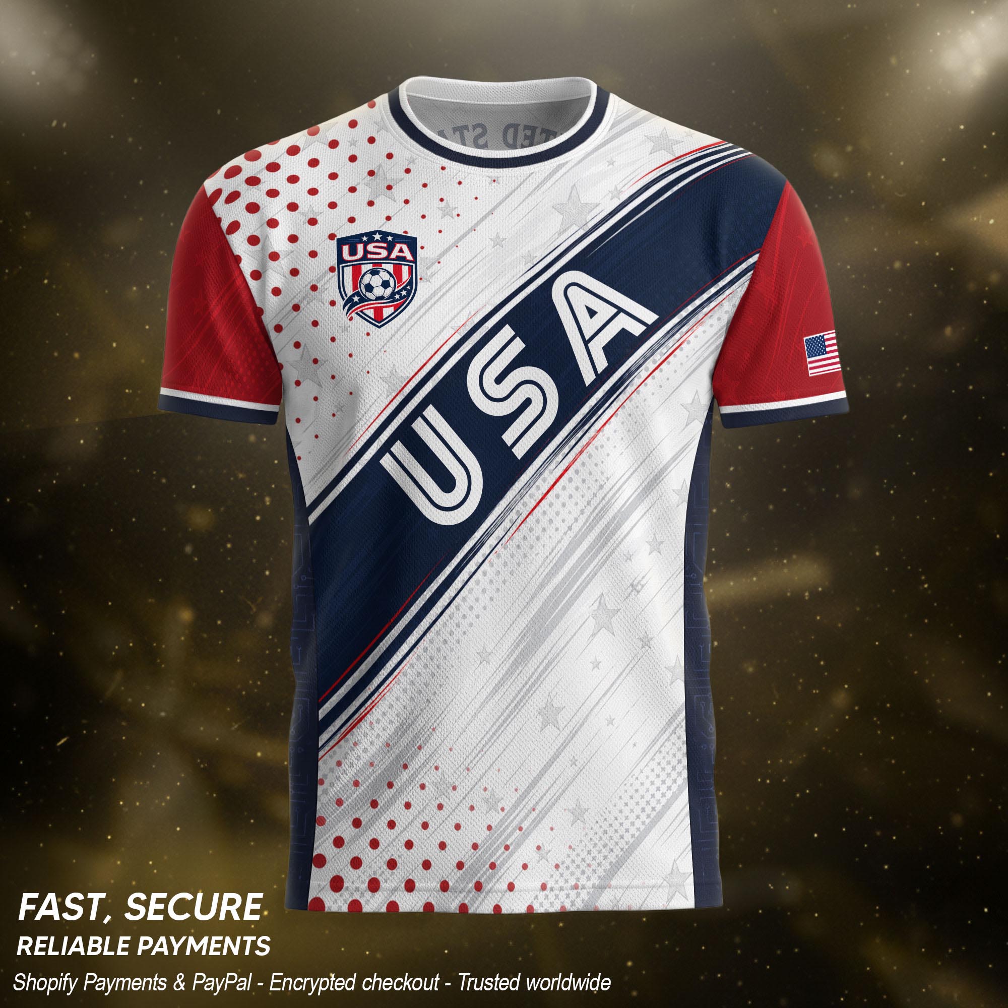 Adult USA Soccer Jersey White Navy Patriotic Diagonal Sash Polka Dot United States Tee
