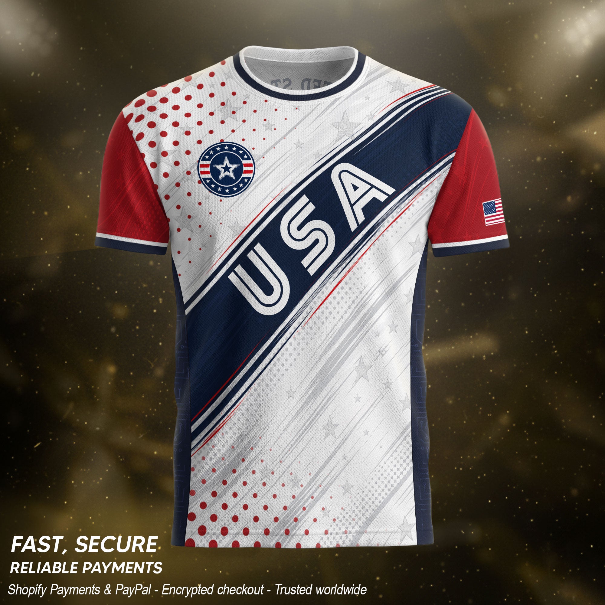 Adult USA Soccer Jersey White Navy Patriotic Diagonal Sash Polka Dot United States Tee