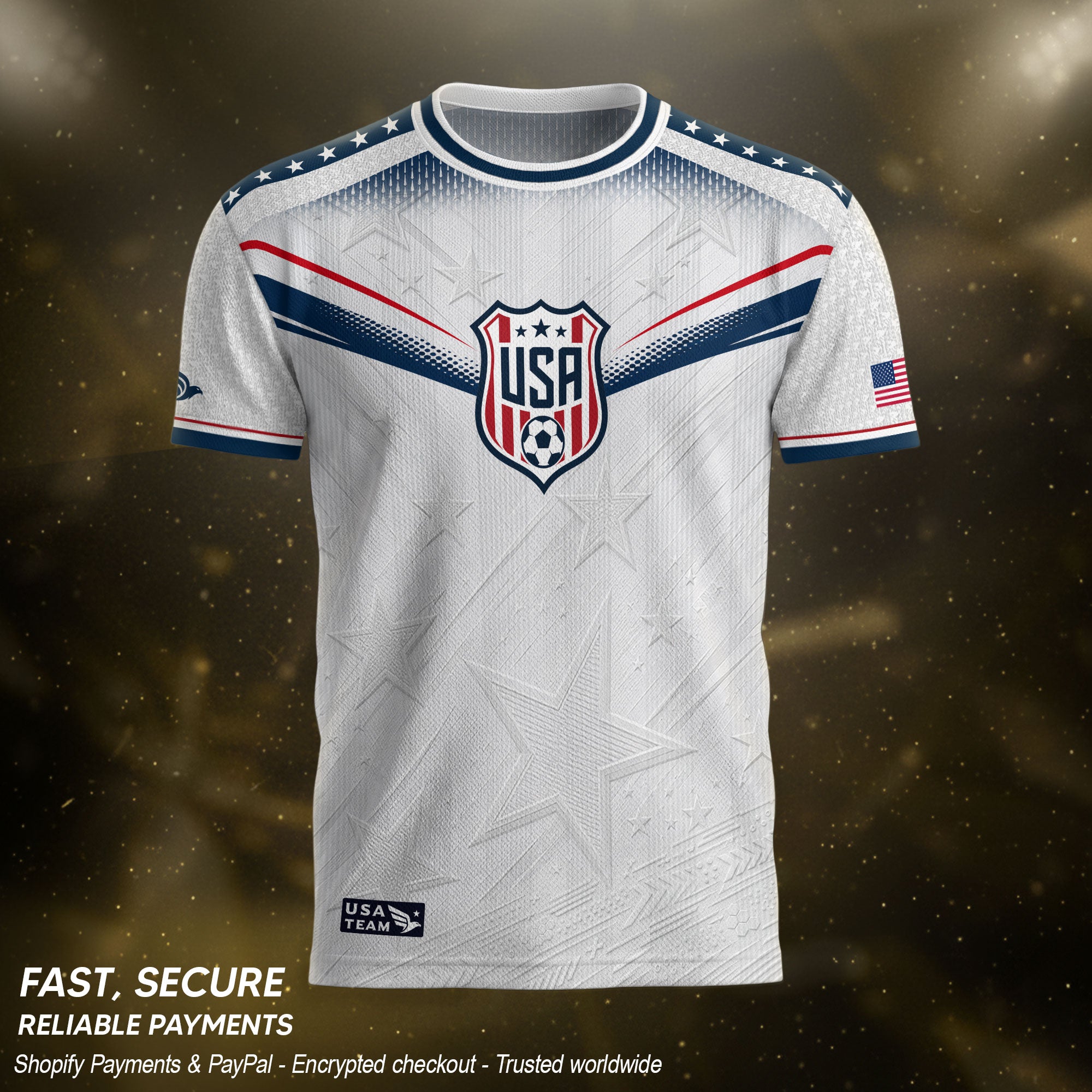 Adult USA Soccer Jersey Patriotic White Flag Pattern Lettering United States Fan Shirt