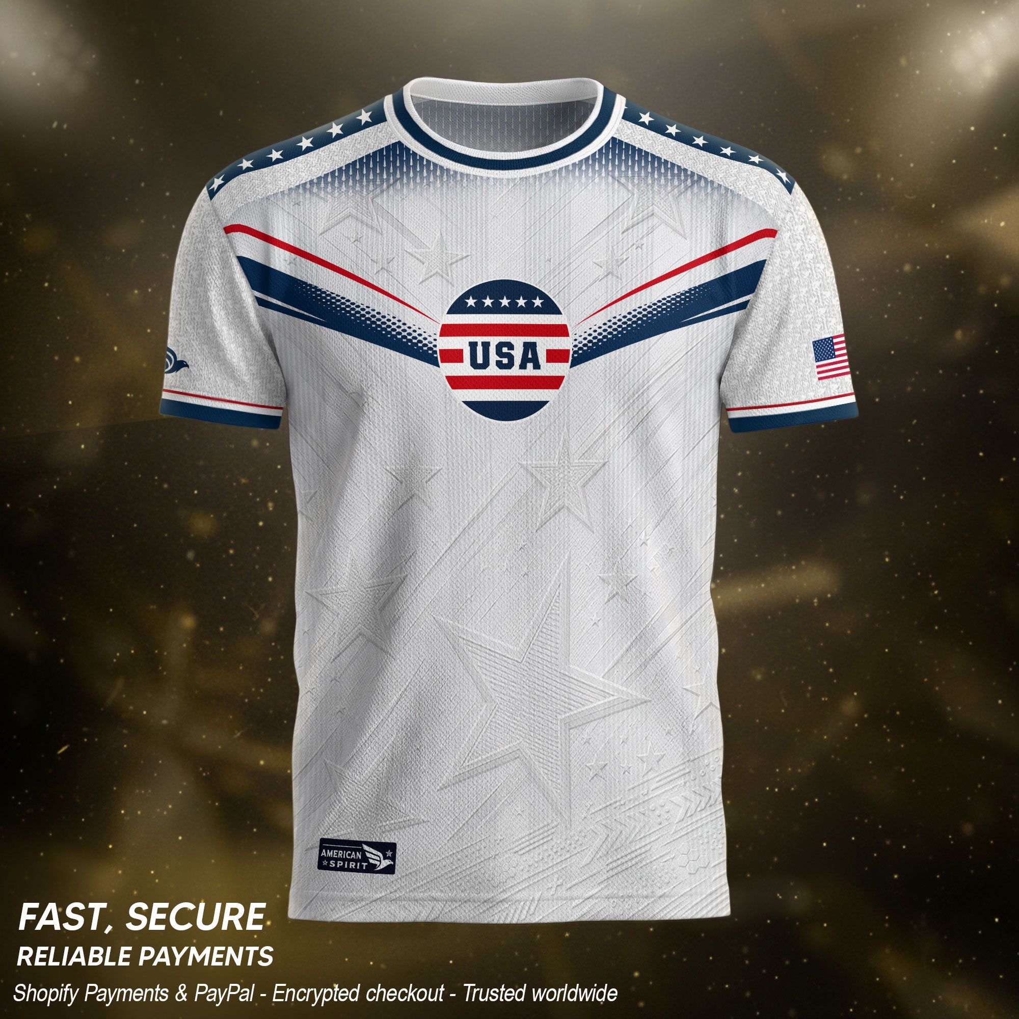 Adult USA Soccer Jersey Patriotic White Flag Pattern Lettering United States Fan Shirt