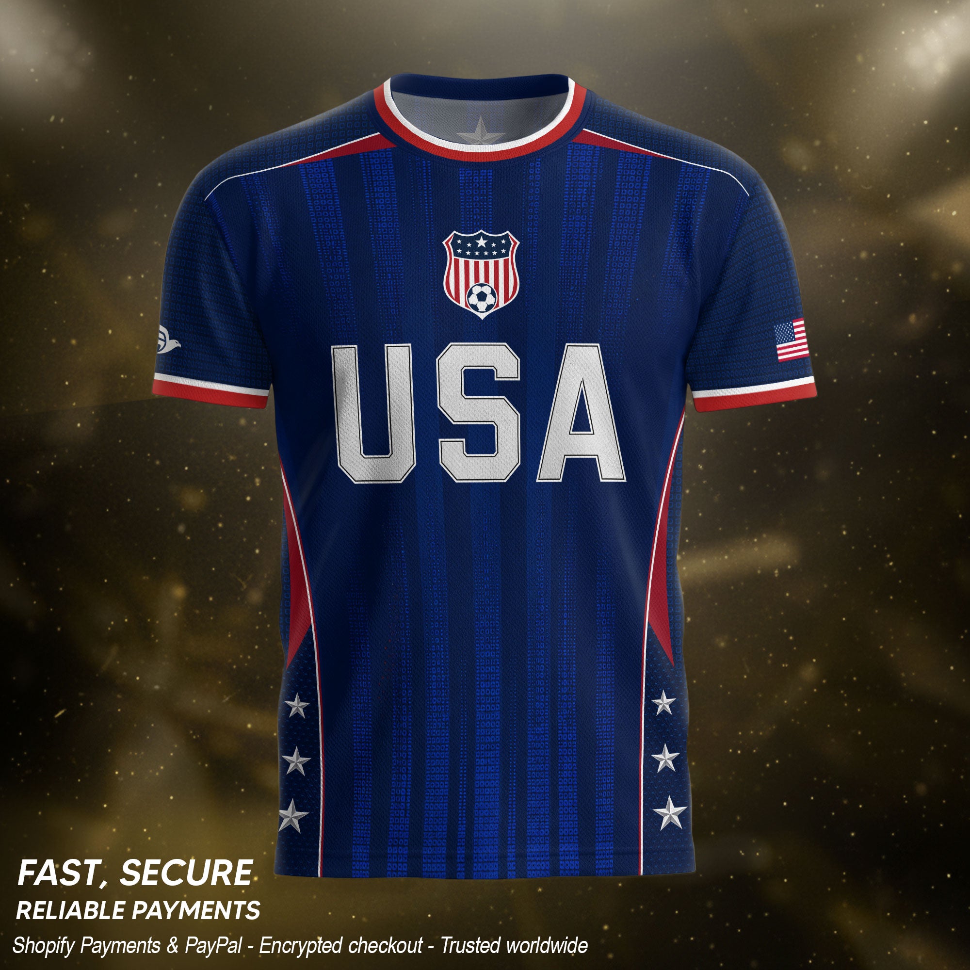 Adult USA Soccer Jersey Navy Blue Patriotic Vertical Stripe Star Side United States Tee