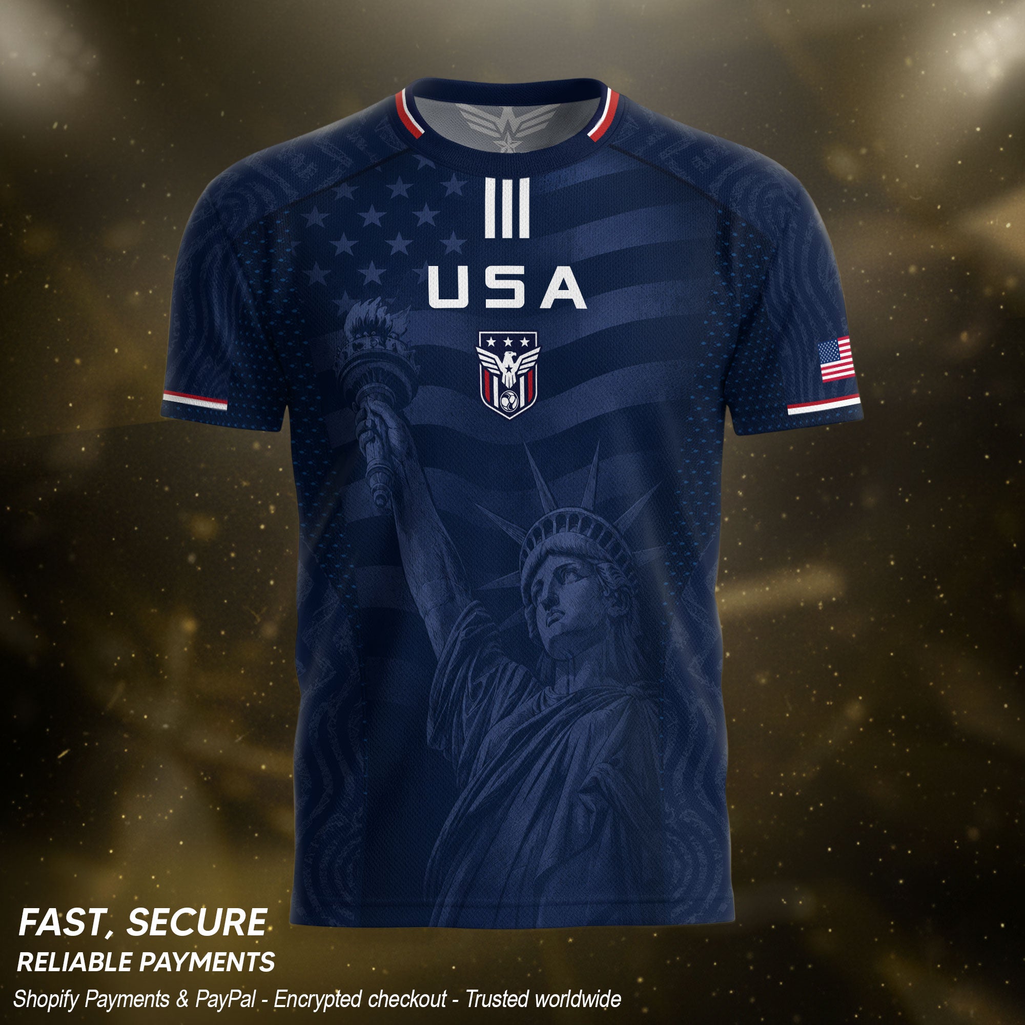 Adult USA Soccer Jersey Navy Patriotic Statue of Liberty Artistic Graphic Football Tee