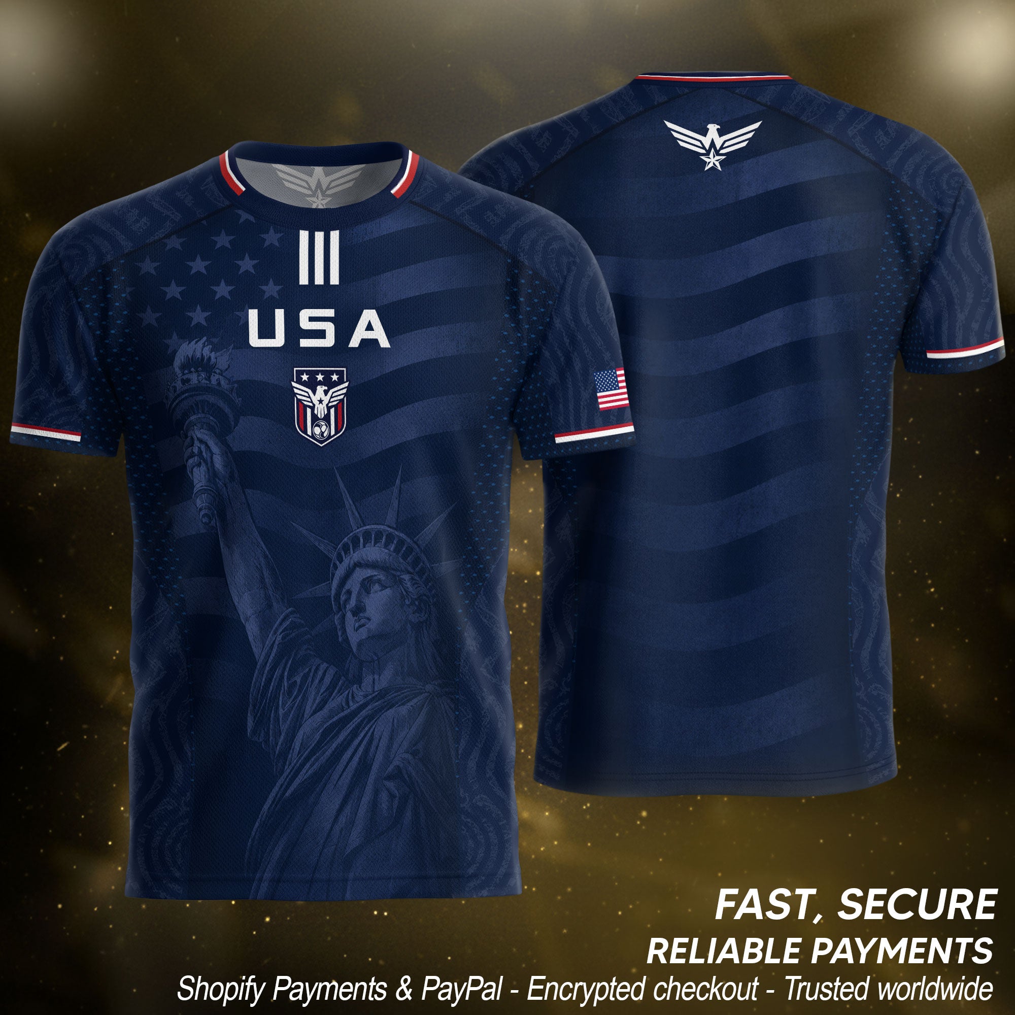 Adult USA Soccer Jersey Navy Patriotic Statue of Liberty Artistic Graphic Football Tee