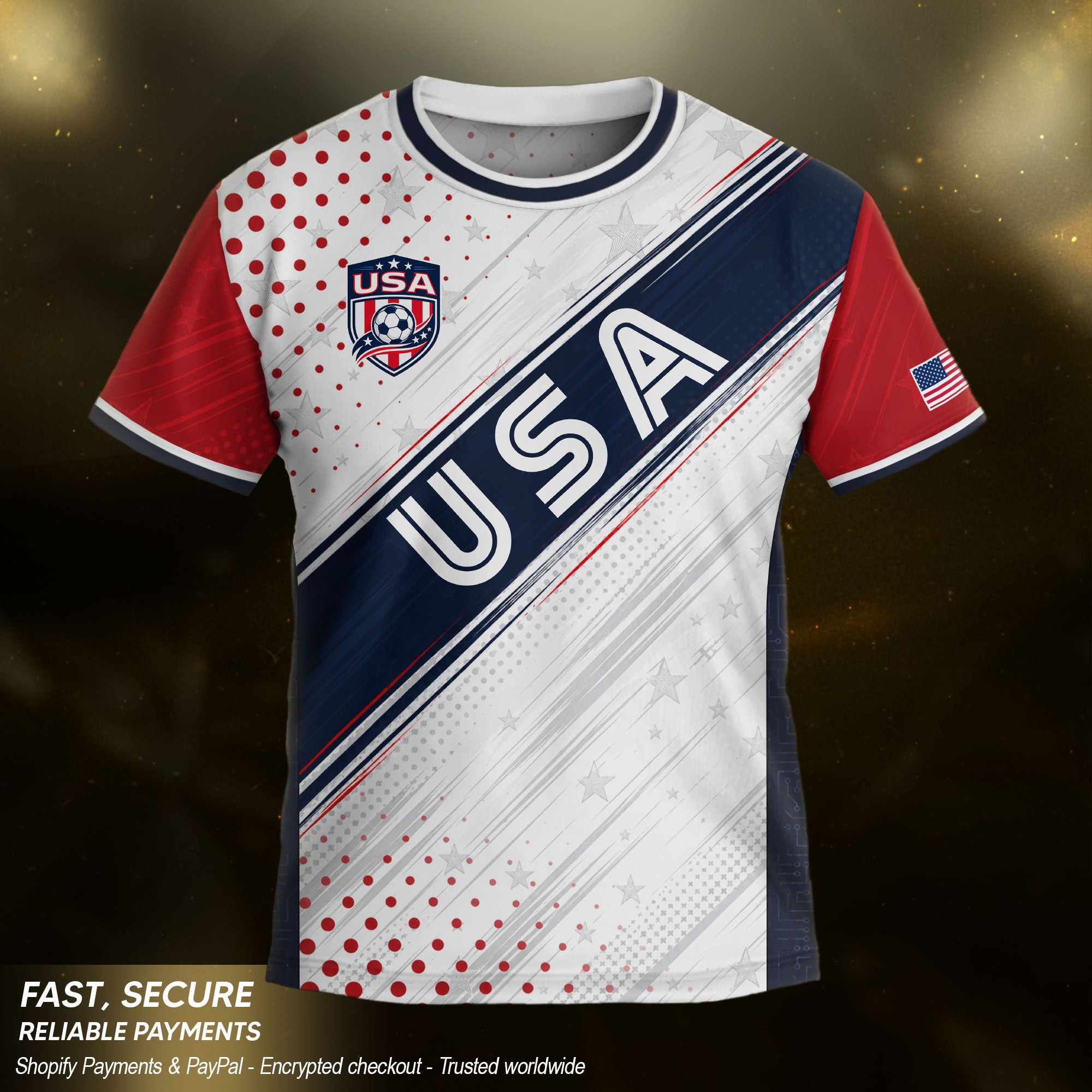 Kids USA Soccer Jersey Youth Patriotic White Navy Diagonal Sash Polka Dot Sport Shirt