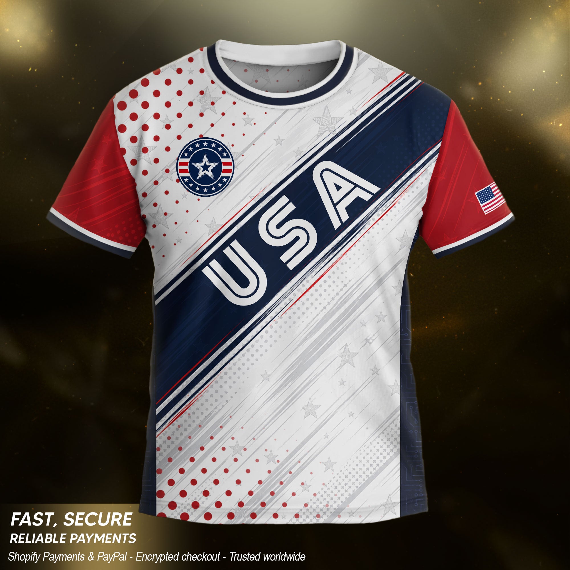 Kids USA Soccer Jersey Youth Patriotic White Navy Diagonal Sash Polka Dot Sport Shirt