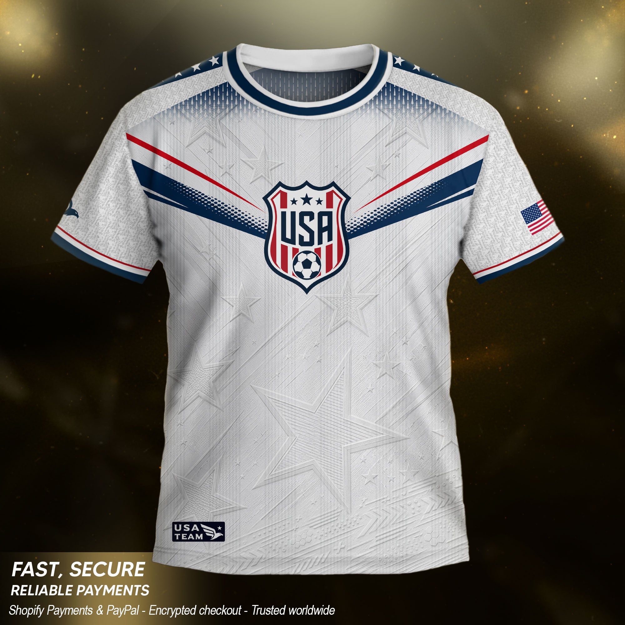 Kids USA Soccer Jersey Youth Patriotic White Chevron Emblem Star United States Sport Tee