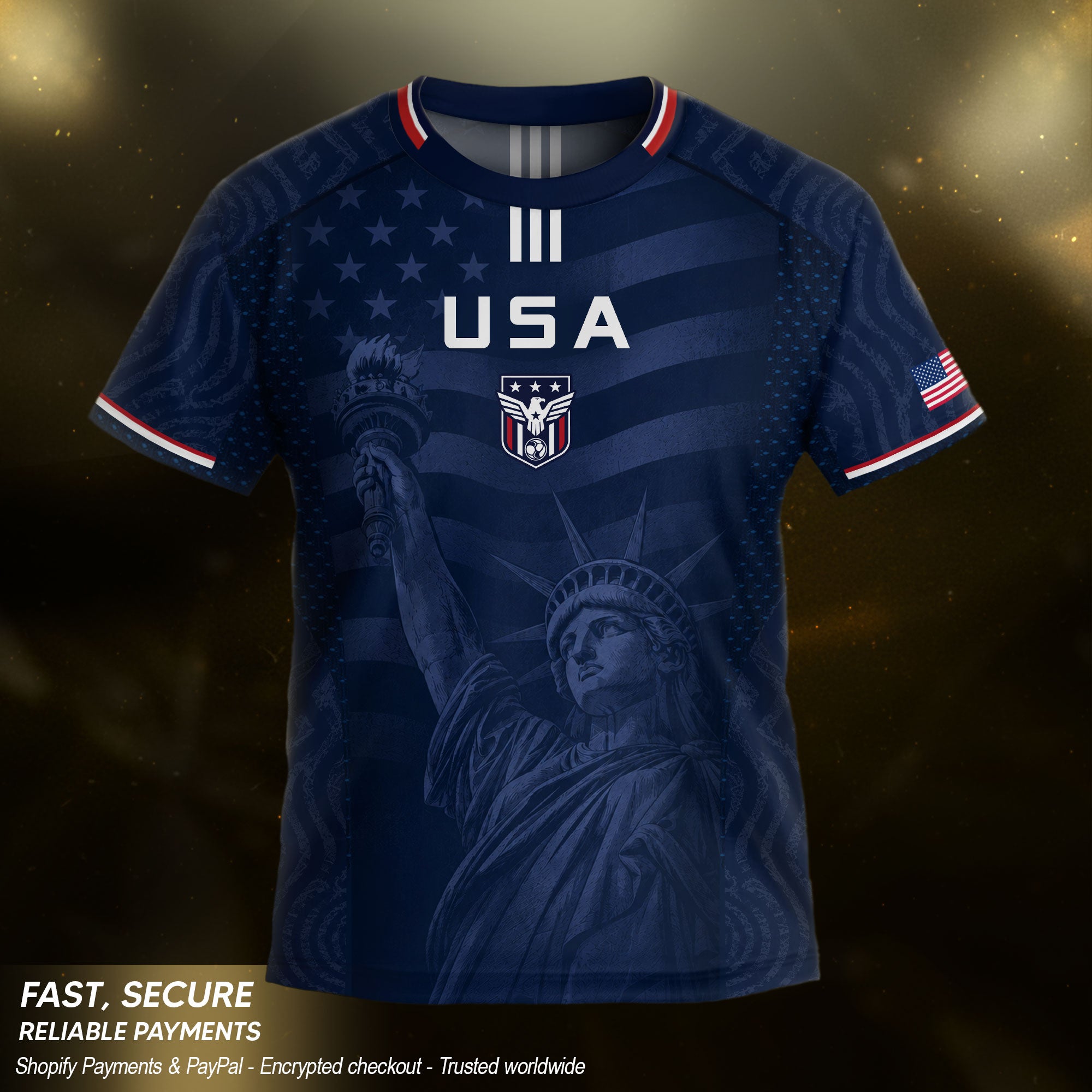 Kids USA Soccer Jersey Youth Patriotic Navy Statue of Liberty Graphic United States Tee