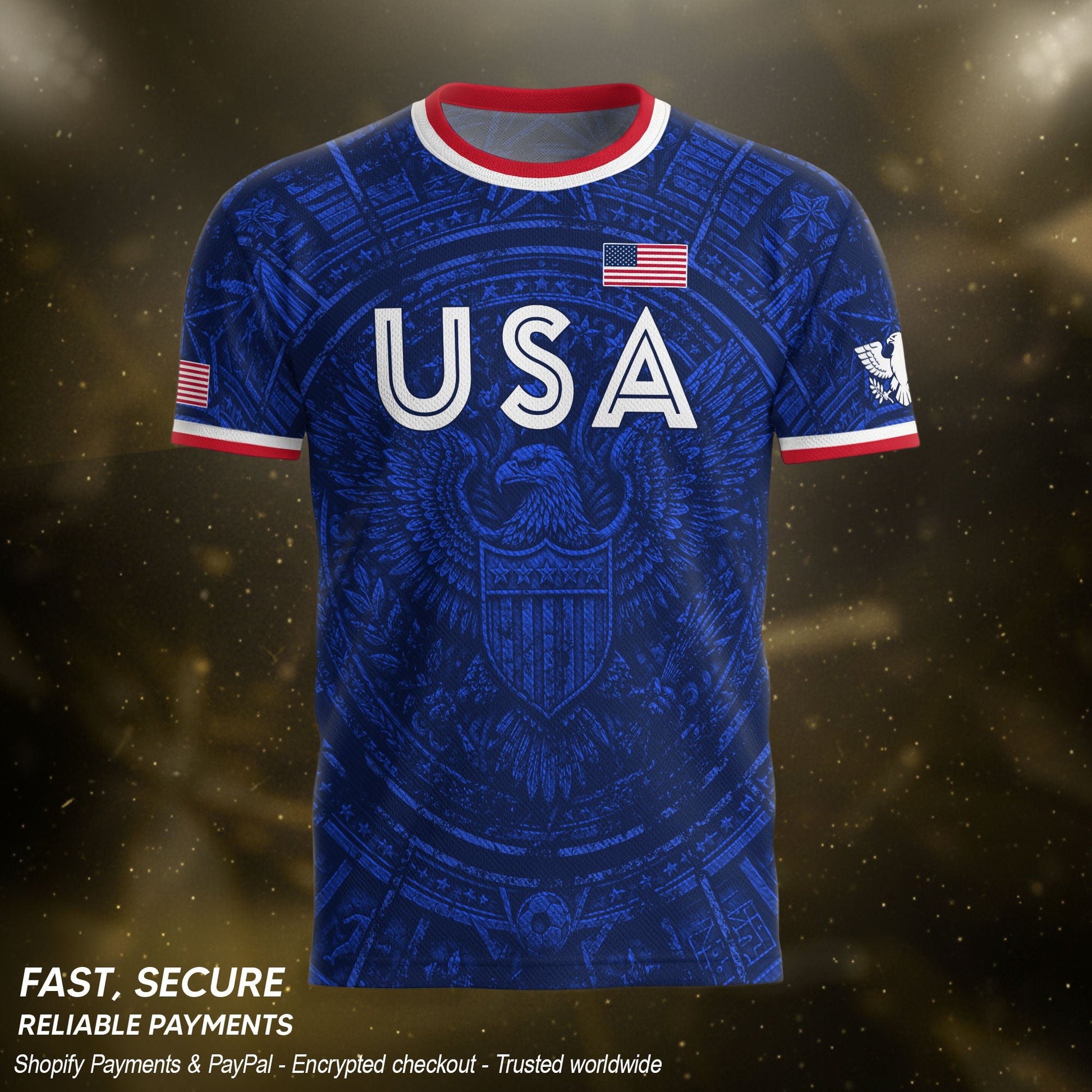 USA Soccer Jersey Men Royal Blue Eagle Graphic Patriotic Football T-Shirt - Rust Field Wear