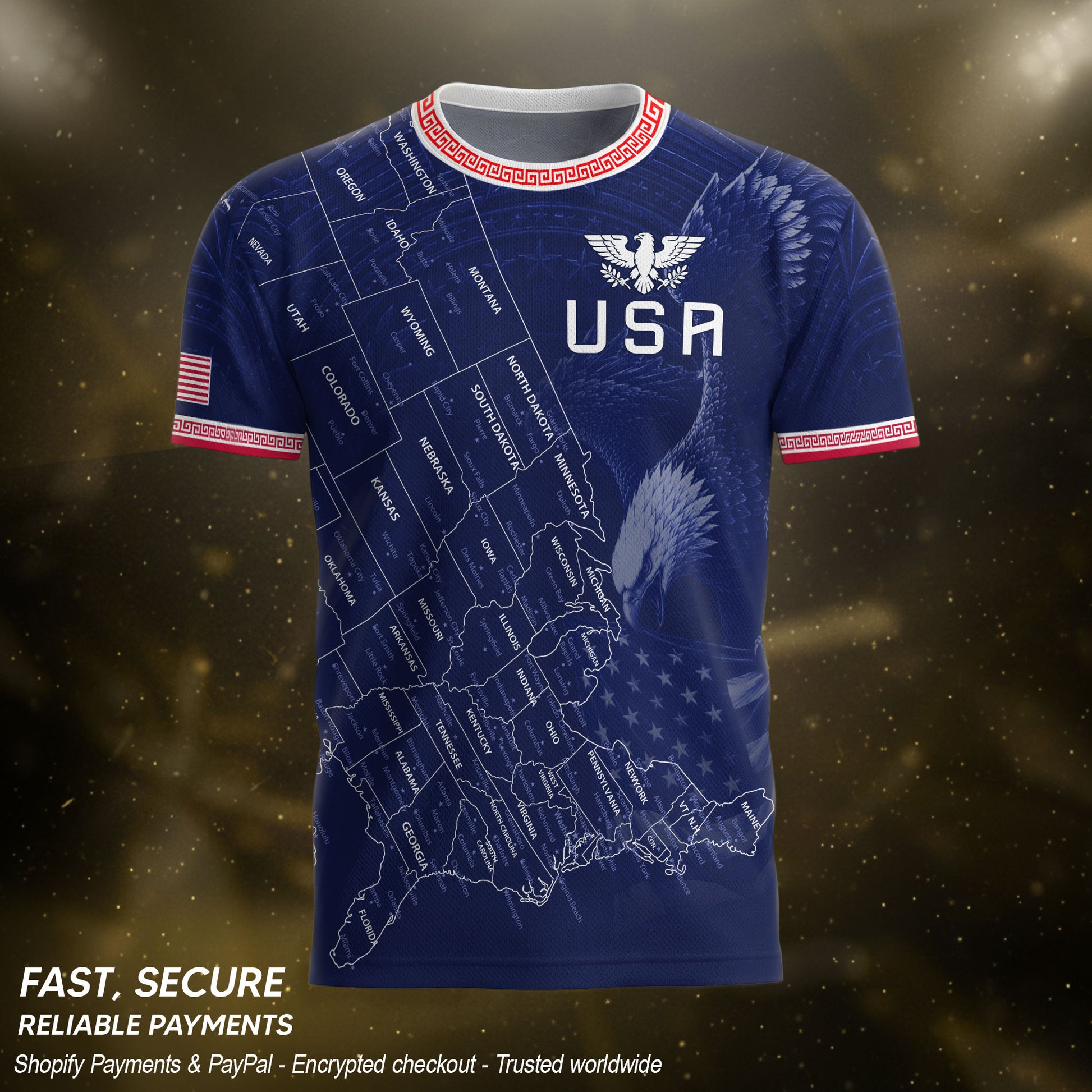 USA Soccer Jersey Men Navy Blue Eagle Map Graphic Patriotic Football T-Shirt - Rust Field Wear