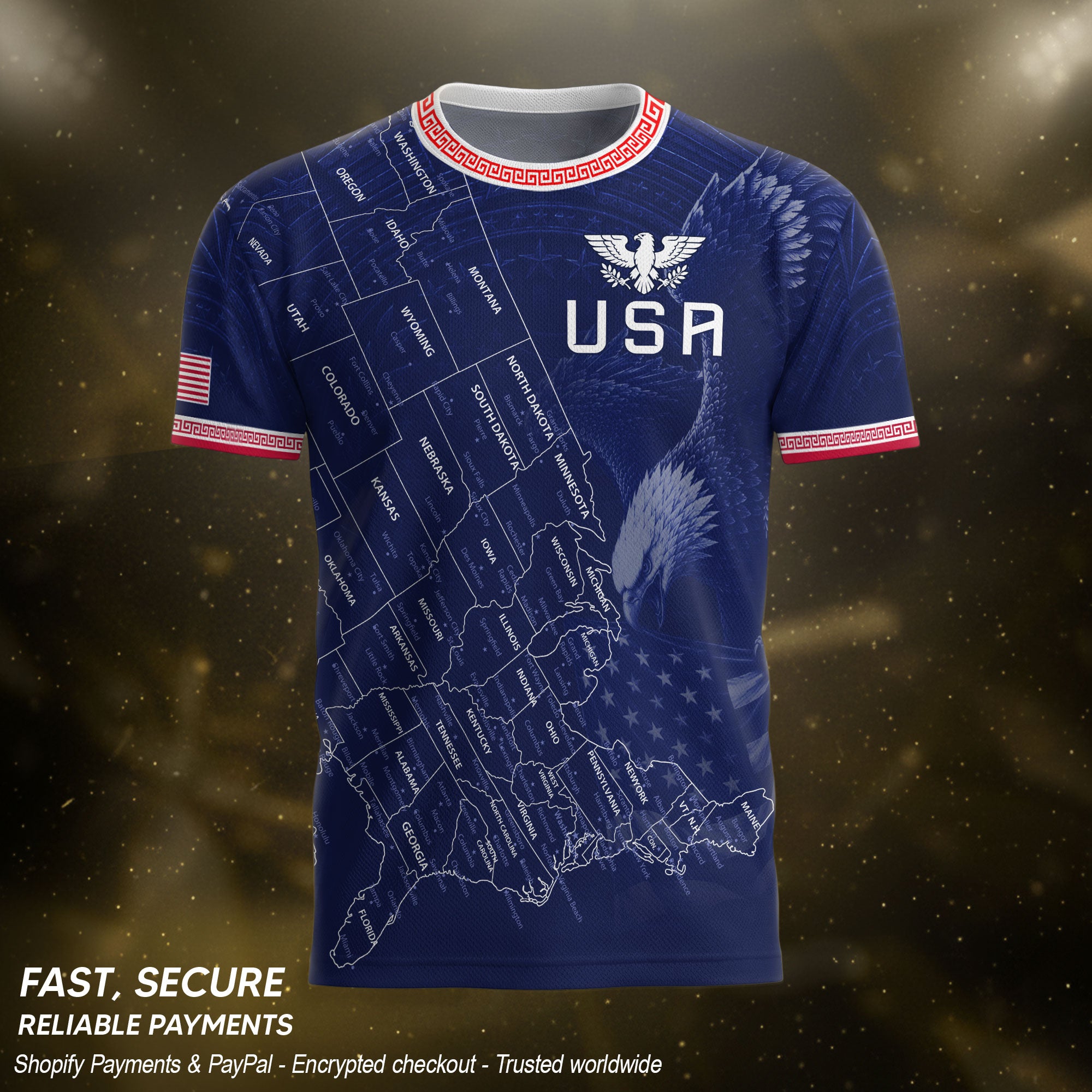 USA Soccer Jersey Men Navy Blue Eagle Map Graphic Patriotic Football T-Shirt - Rust Field Wear