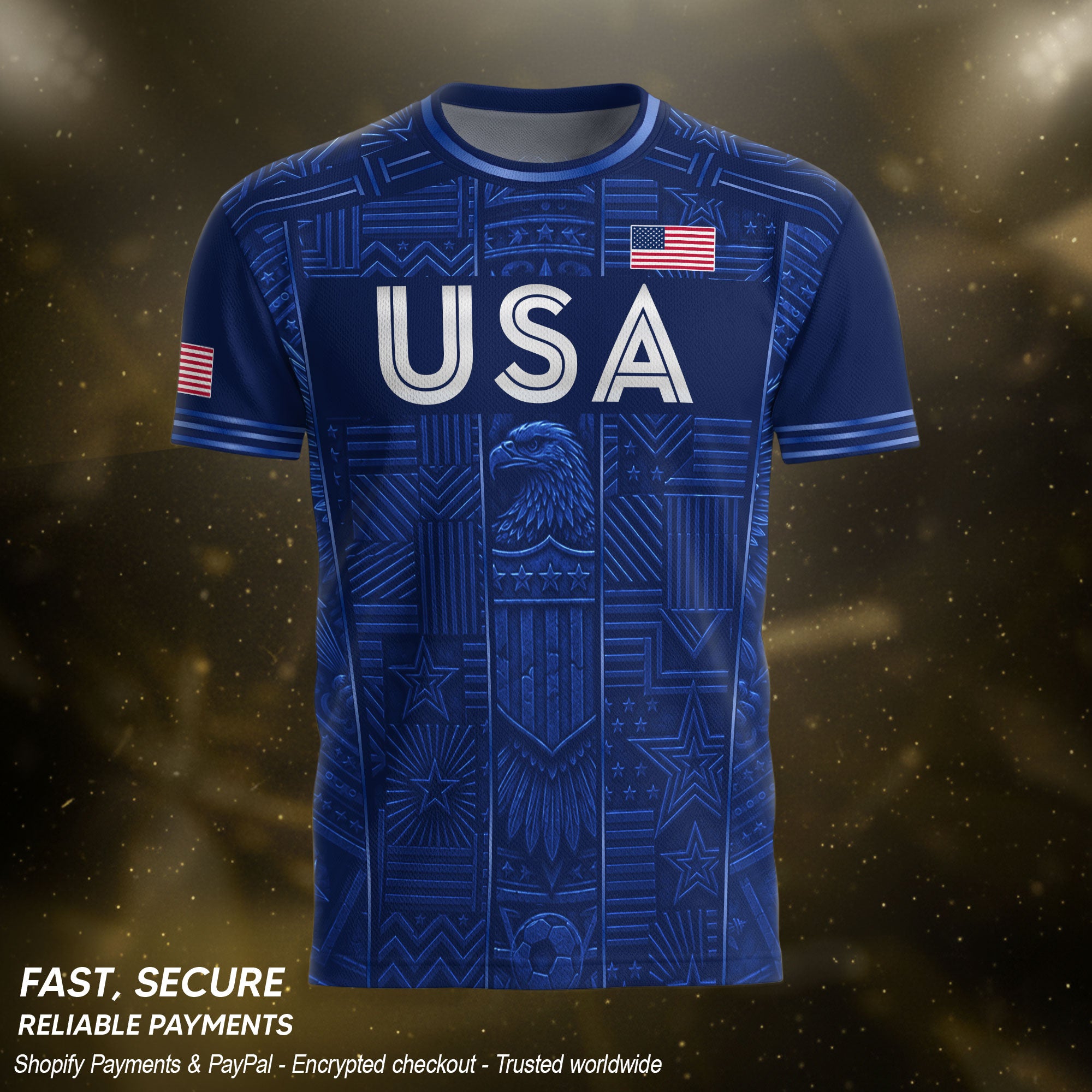 USA Soccer Jersey Men Navy Blue Eagle Star Pattern Patriotic Football T-Shirt - Rust Field Wear