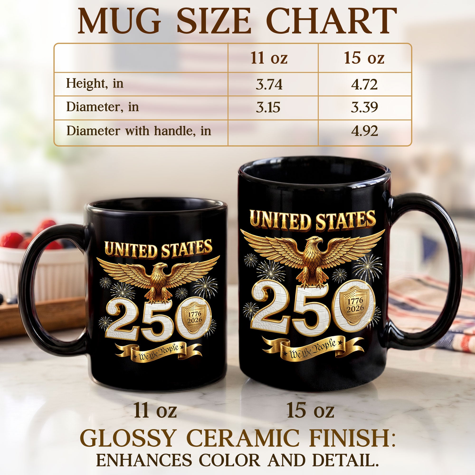 United States 1776 2026 Mug - Golden Patriotic Eagle We The People Ceramic Gift Cup