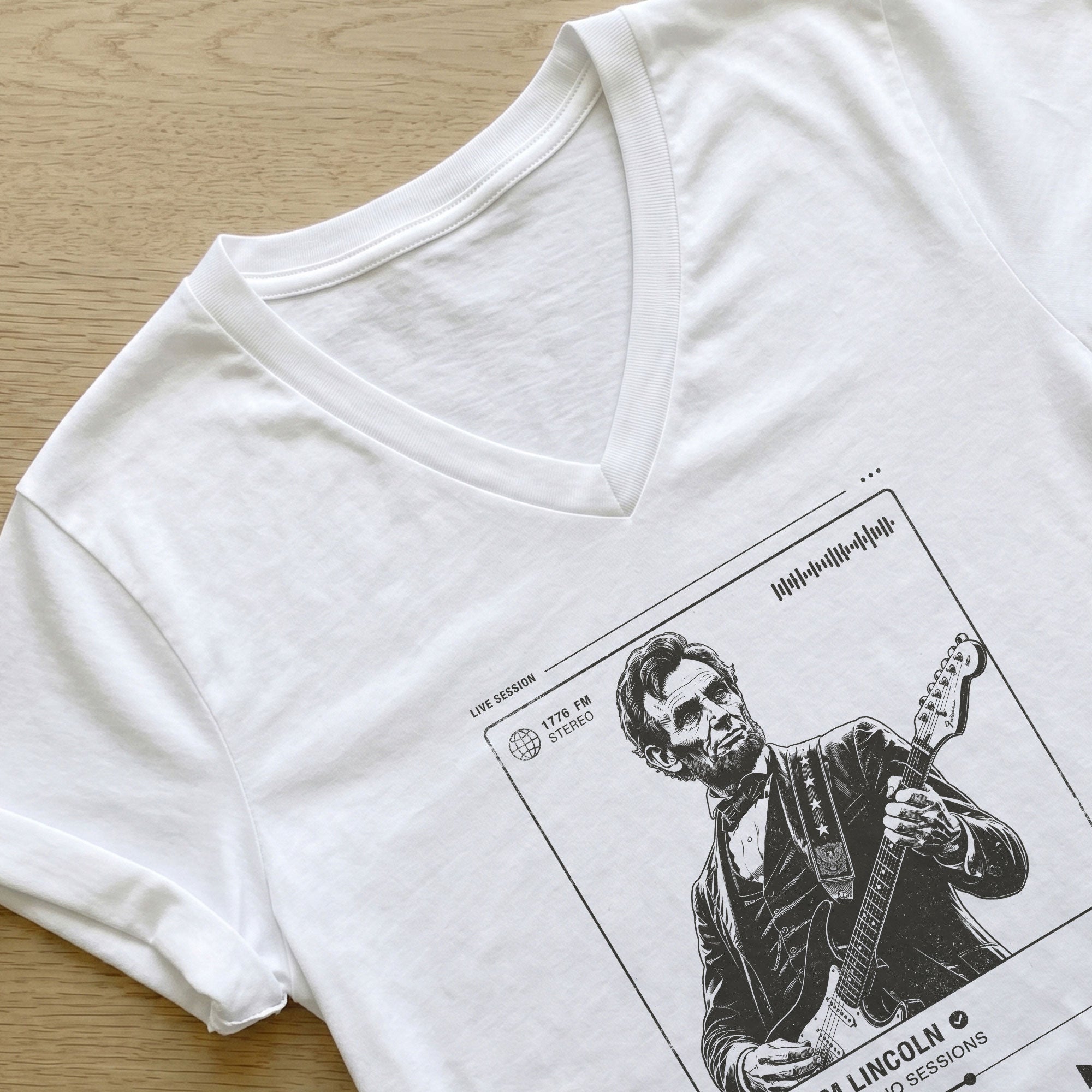 Abraham Lincoln Music Radio Session White V-neck Shirt - Vintage Graphic Apparel Tee