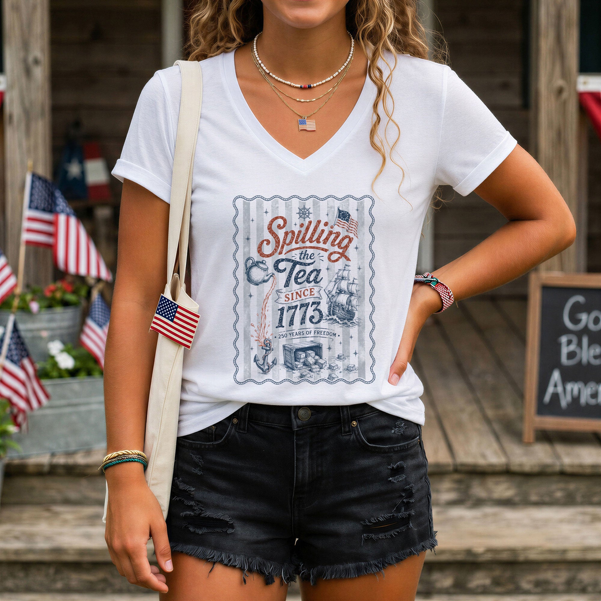 Women Spilling The Tea Since 1773 V-Neck Shirt Patriotic Vintage Freedom Graphic Tee