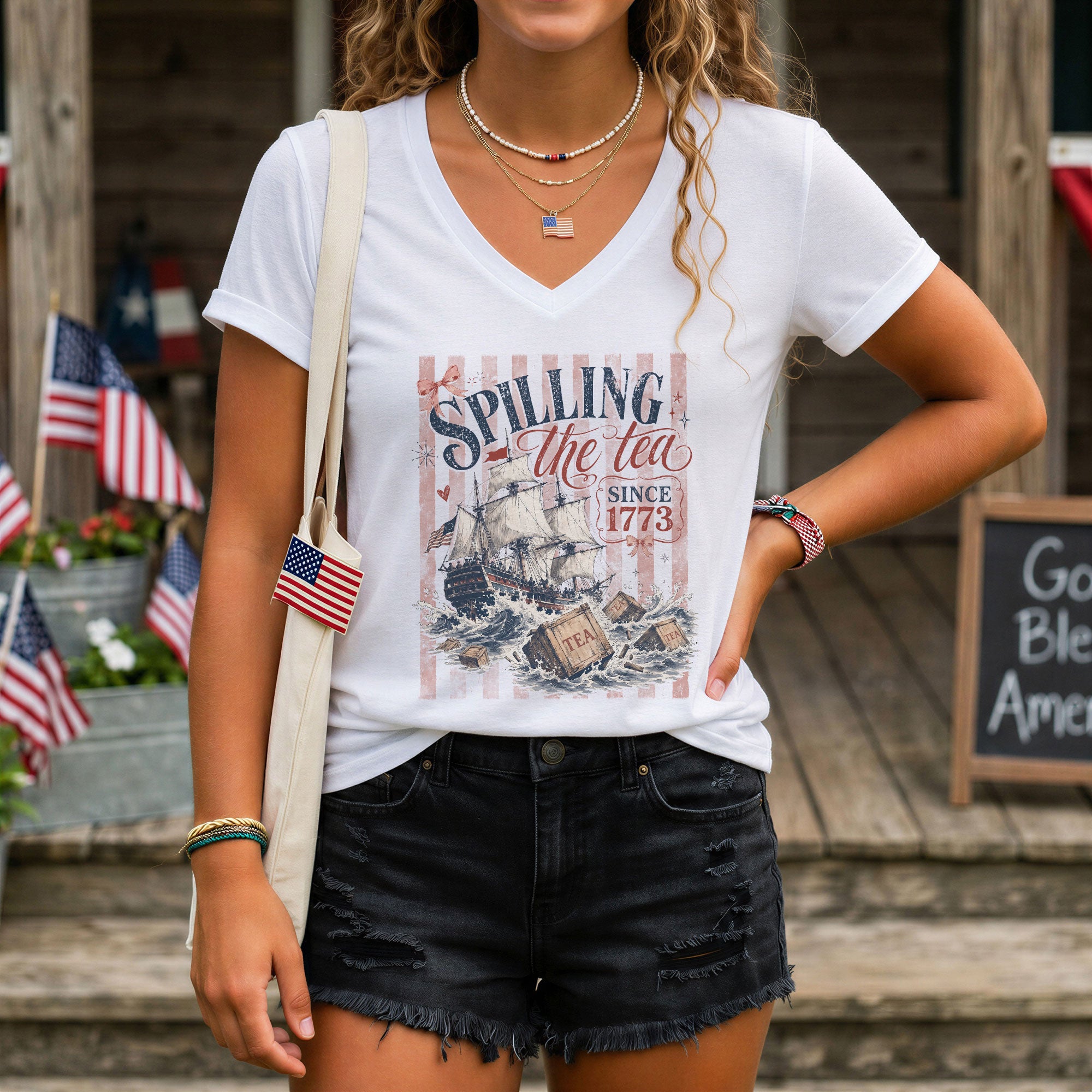 Women Spilling The Tea Since 1773 V-Neck Shirt Patriotic Tea Party Graphic Tee