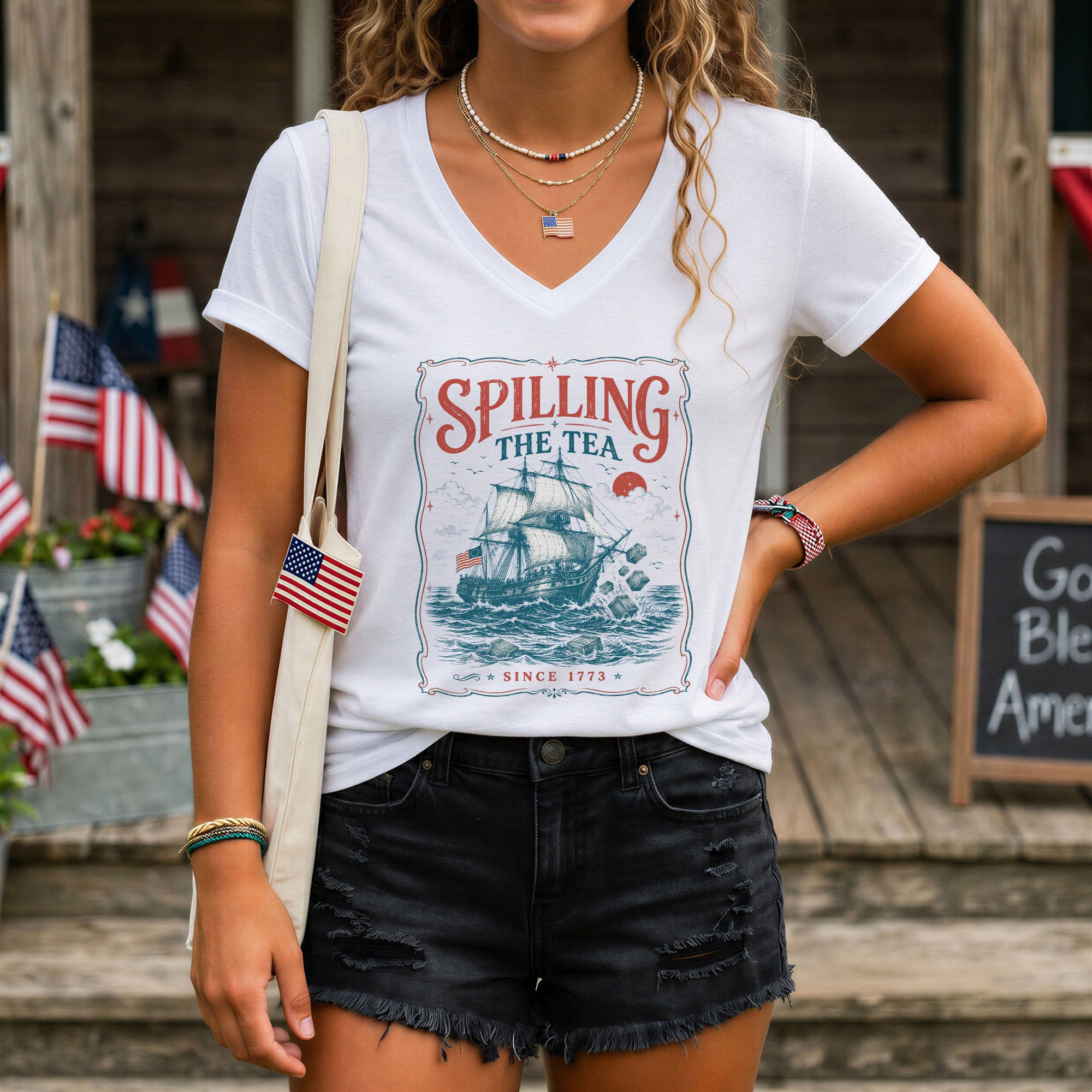 Women Spilling The Tea Since 1773 V-Neck Shirt Patriotic Vintage Sailing Ship Tee